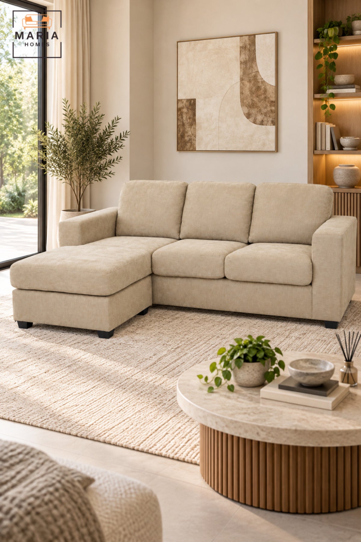 L-Shaped Beige Sectional Sofa with Left Chaise | 3-Seater Upholstered Couch with Deep Cushions, Wide Armrests & Modern Living Room Seating