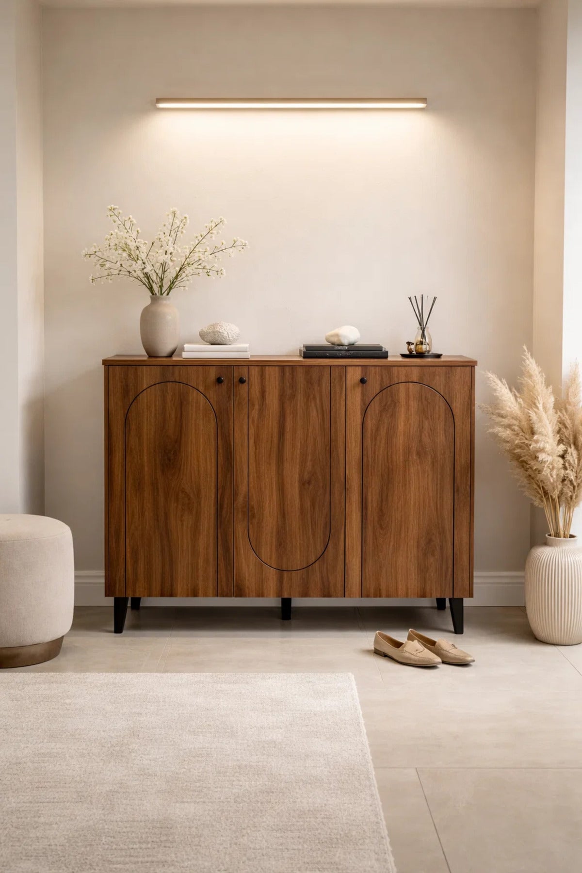 Dark Brown Wooden Shoe Cabinet with 3 Doors 120 x 32 x 94 cm