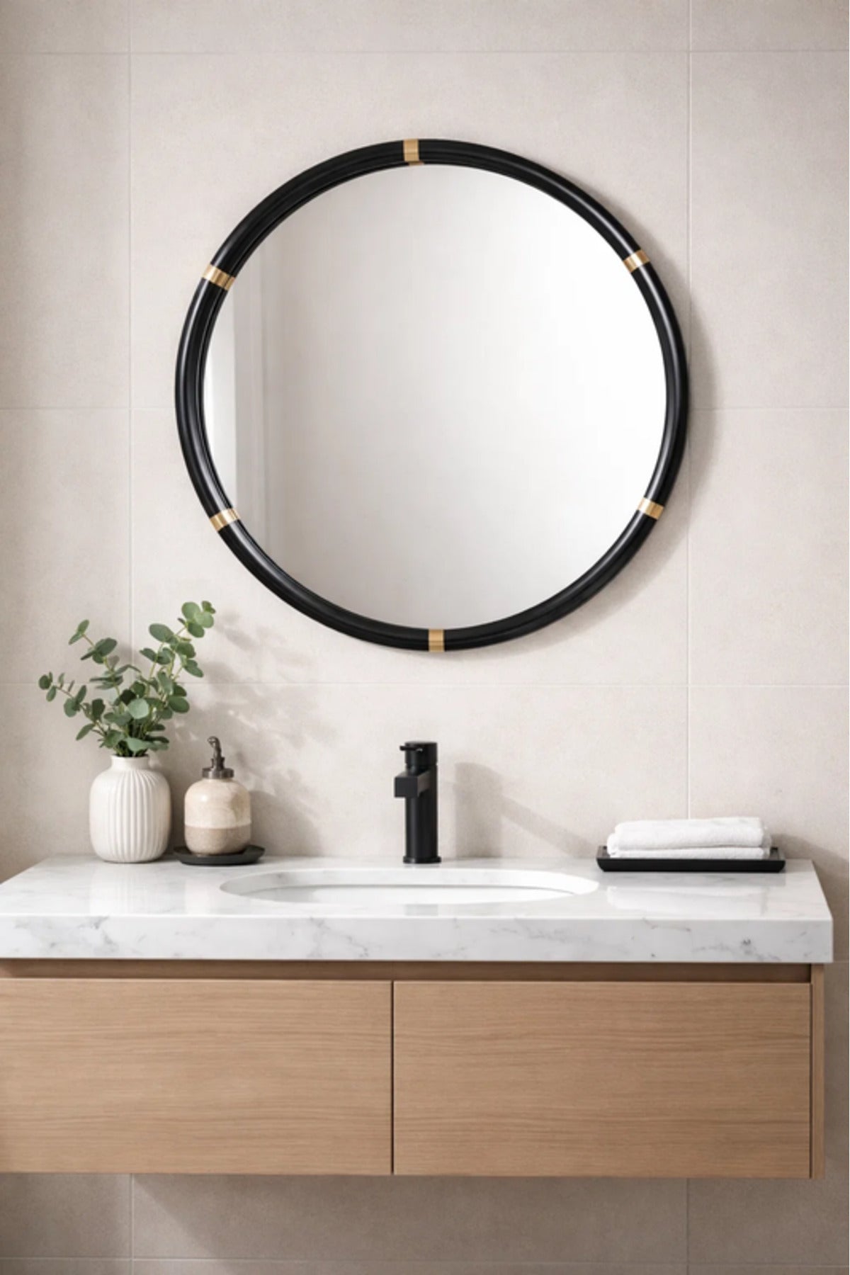 Modern Round Wall Mirror with Black Frame for Living Room & Bathroom