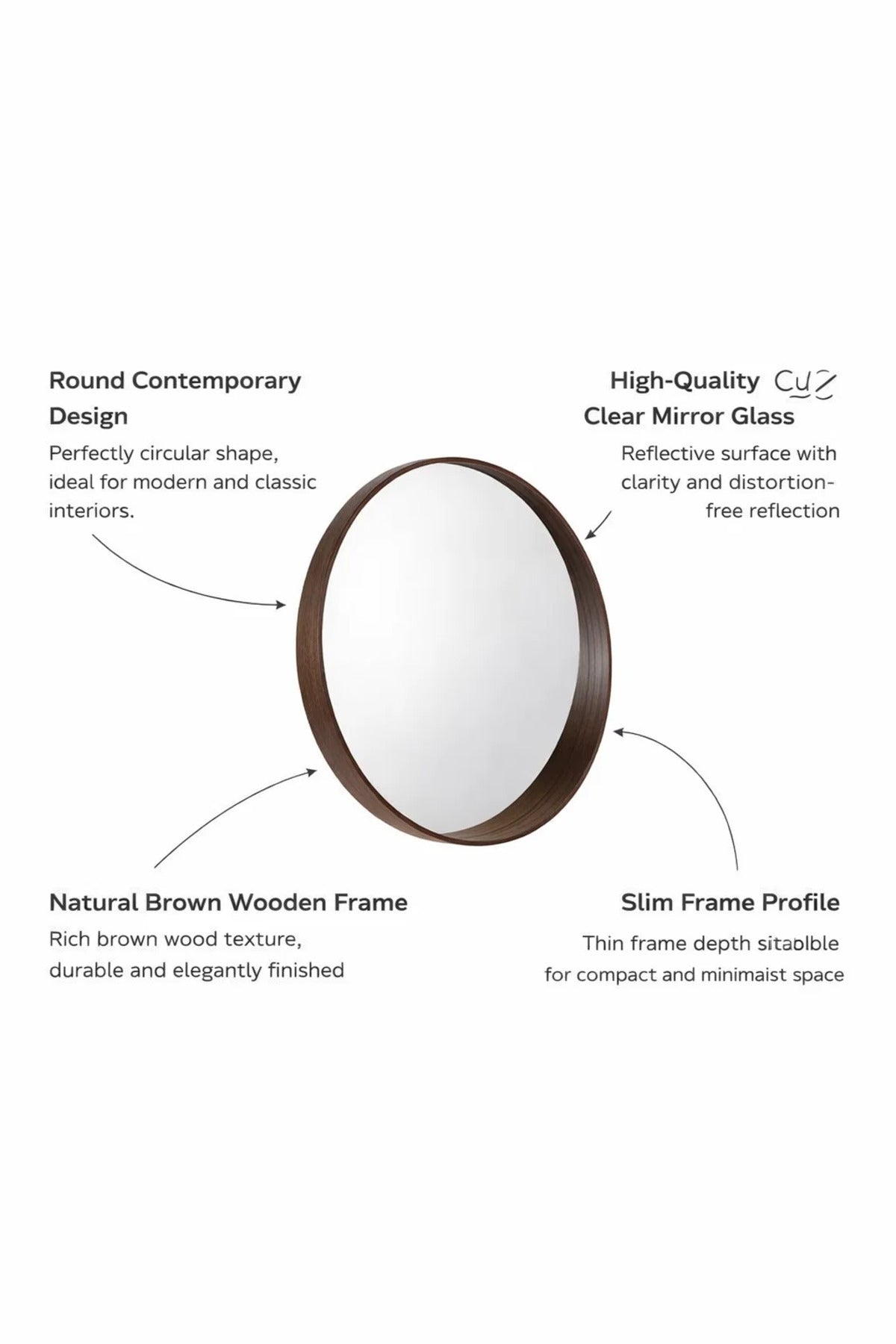 Modern Round Mirror Brown Wood Frame Wall Mounted M50 Decor 70x70cm Living