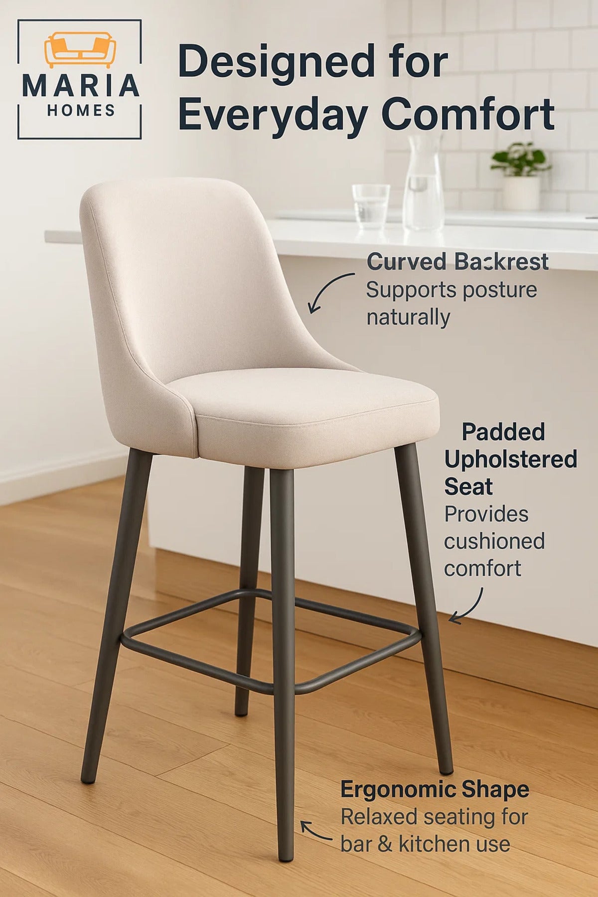 Modern Upholstered Bar Stool With Curved Backrest And Black Metal Legs Ð Soft Beige Fabric Finish
