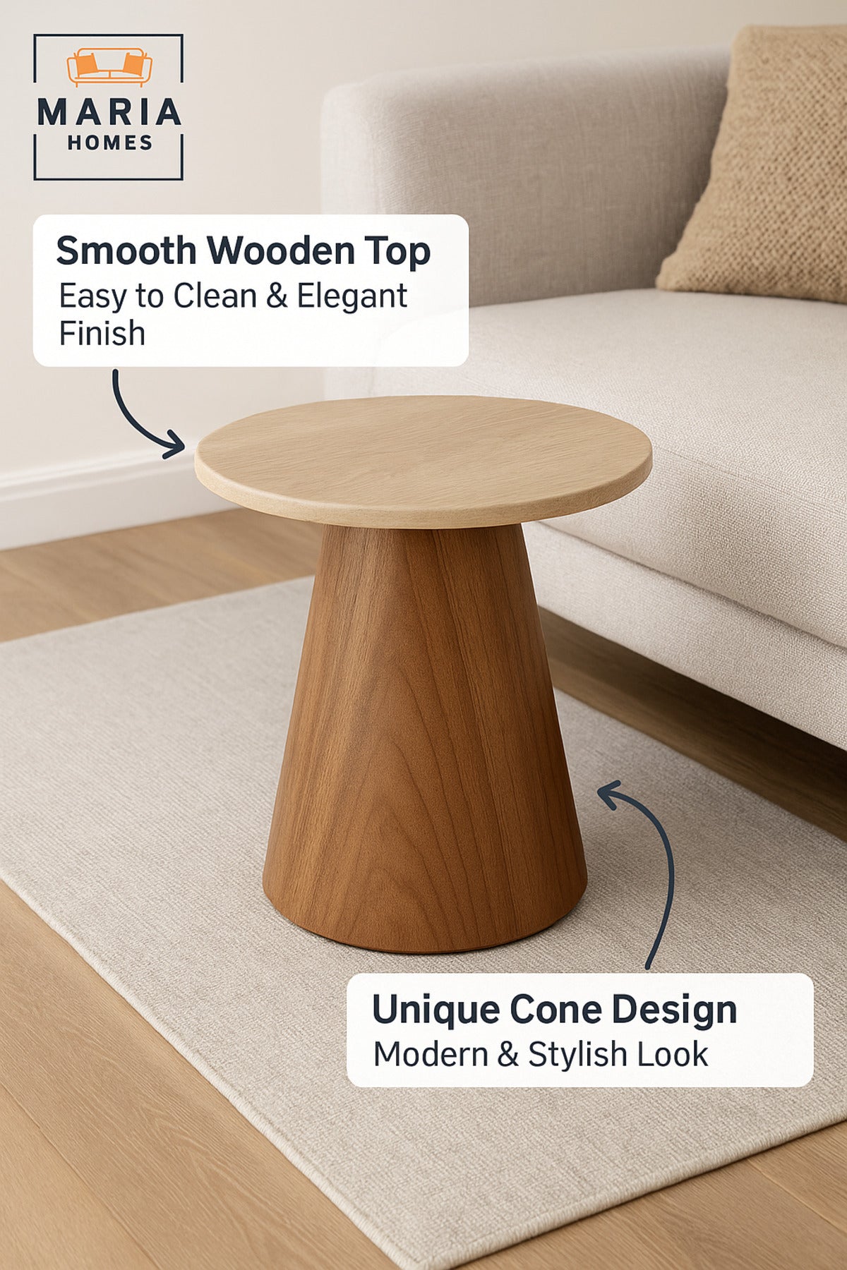 Modern Round Side Table 45_55 cm Ð Brown Wooden Base with Faux Marble Top