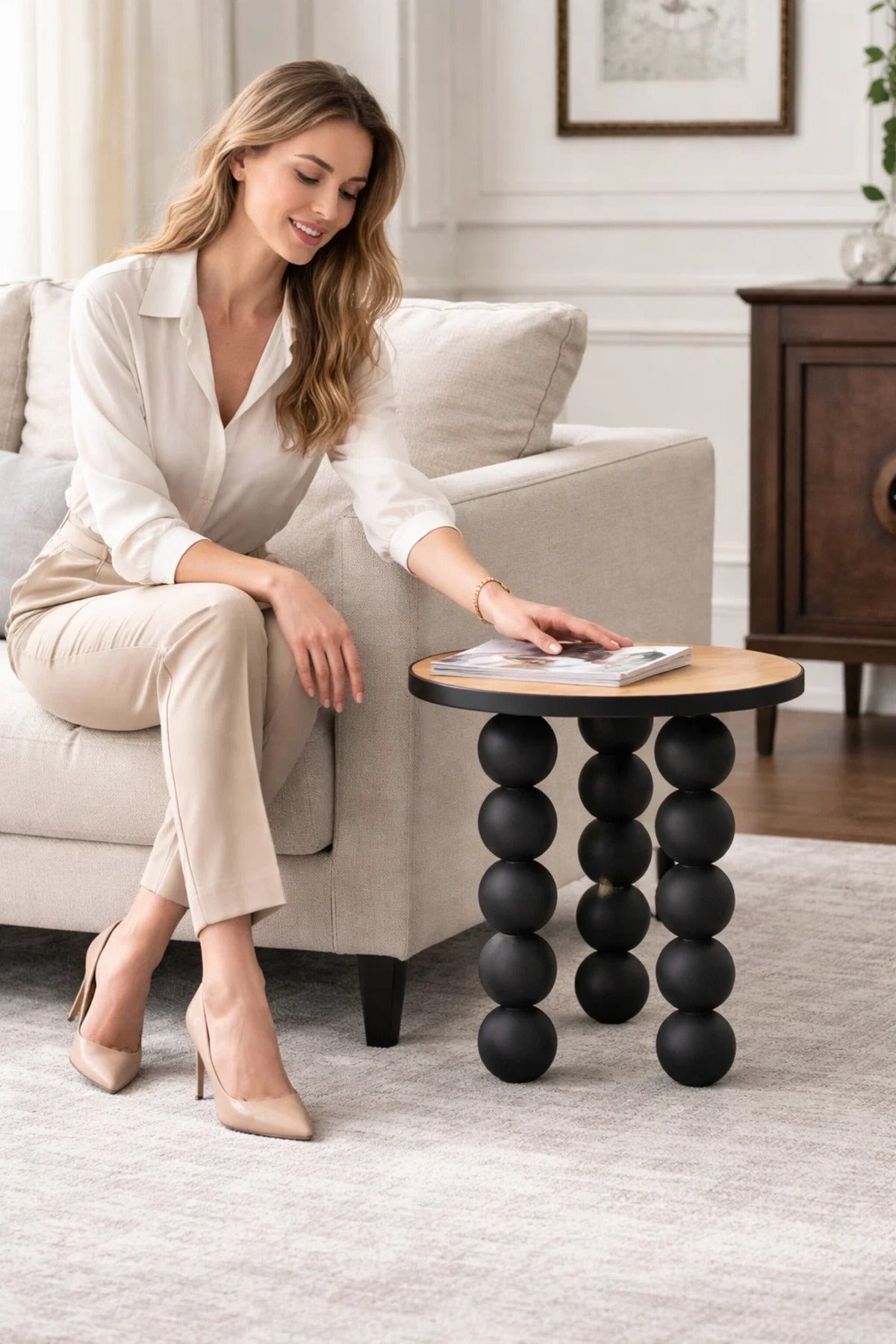 Modern Round Side Table Black Sphere Base Wood Top Stylish Accent Furniture for Home Decor 53cm