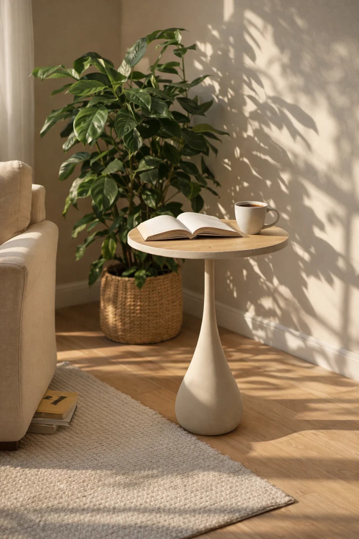 Modern Beige Side Table with Wooden Top Round Coffee Table for Living Room Decoration 60cm