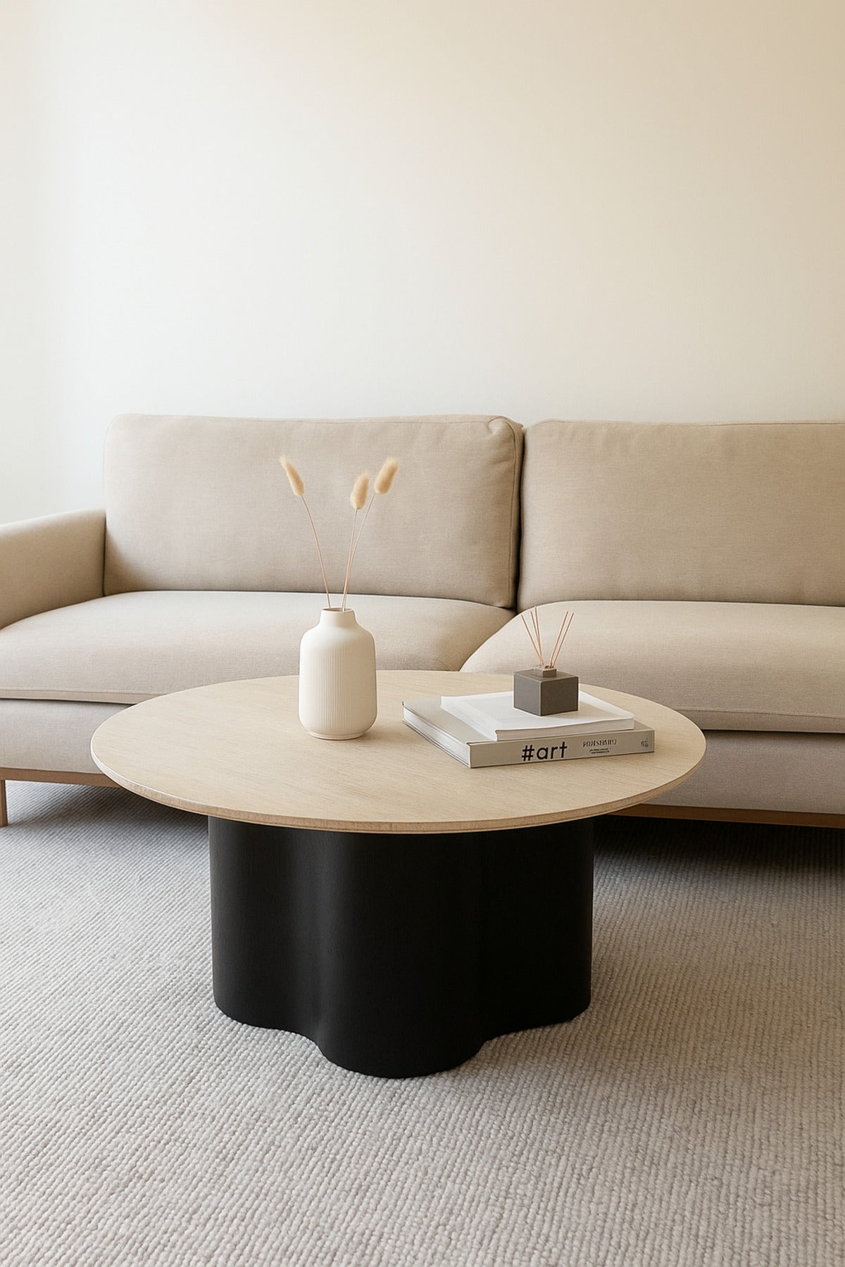 Round Black Coffee Table with Wood Top Ð Modern Center Table 90_45 cm