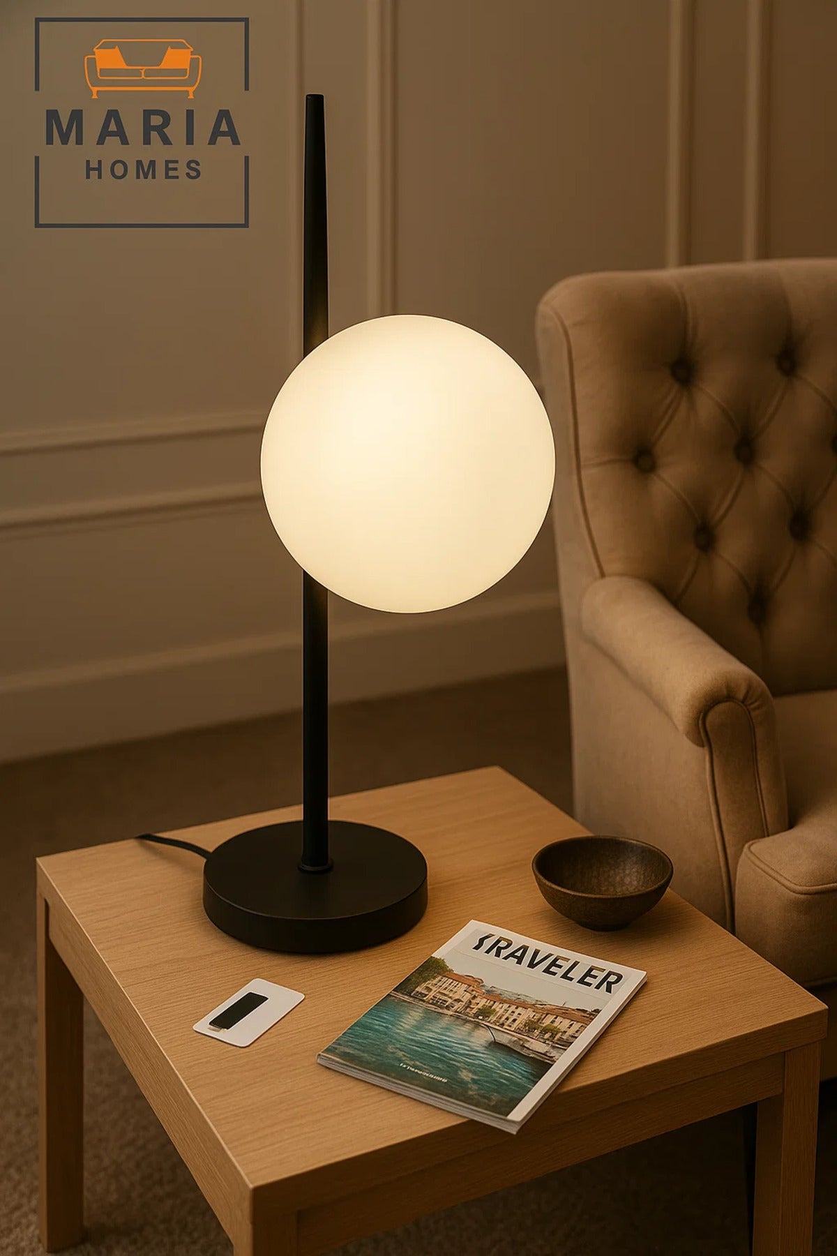 Minimalist Globe Table Lamp with Matte Black Stand