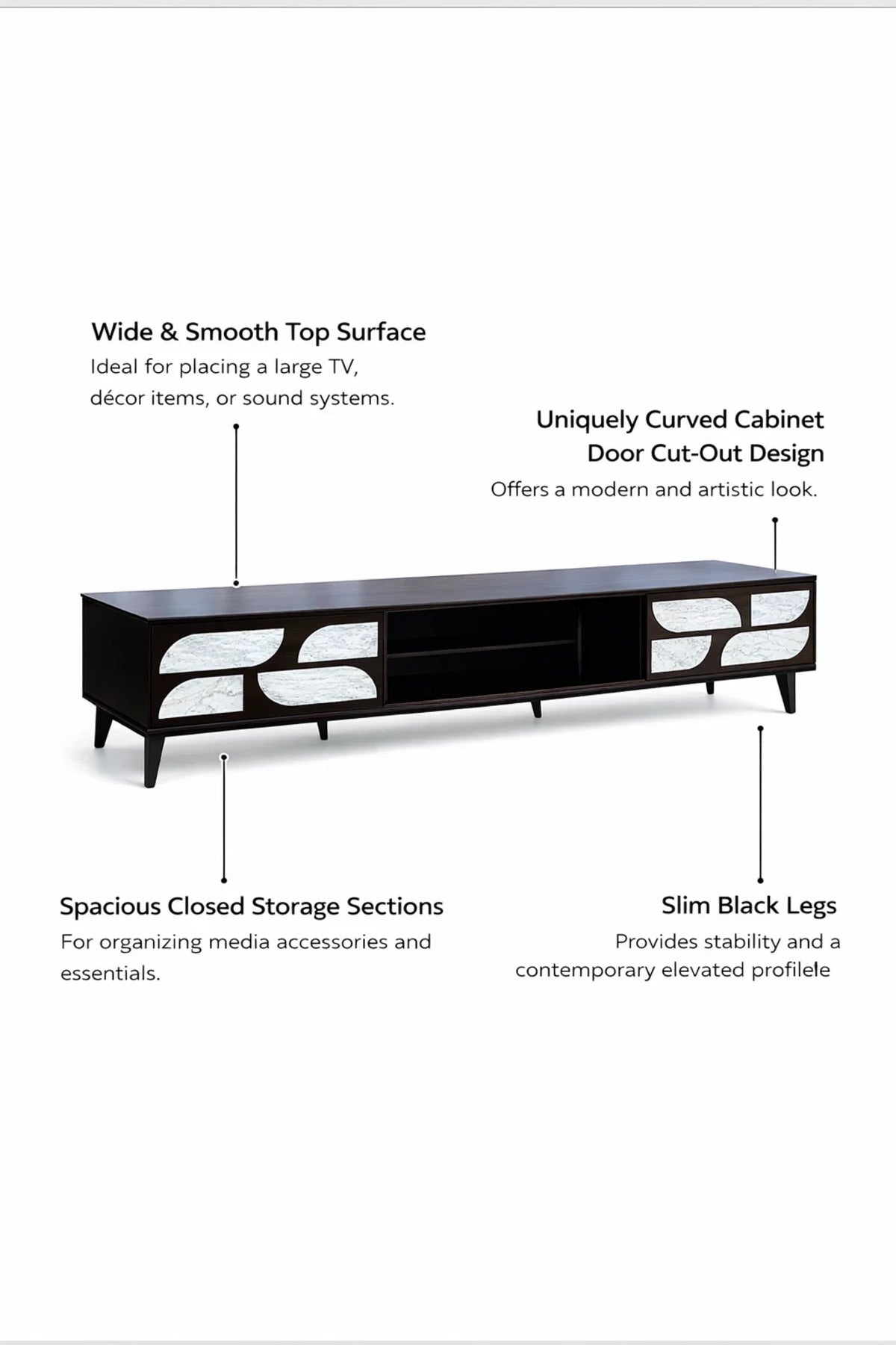 Luxury 200cm TV Table Media Stand with Patterned Doors Dark Brown Finish for Modern Living Rooms