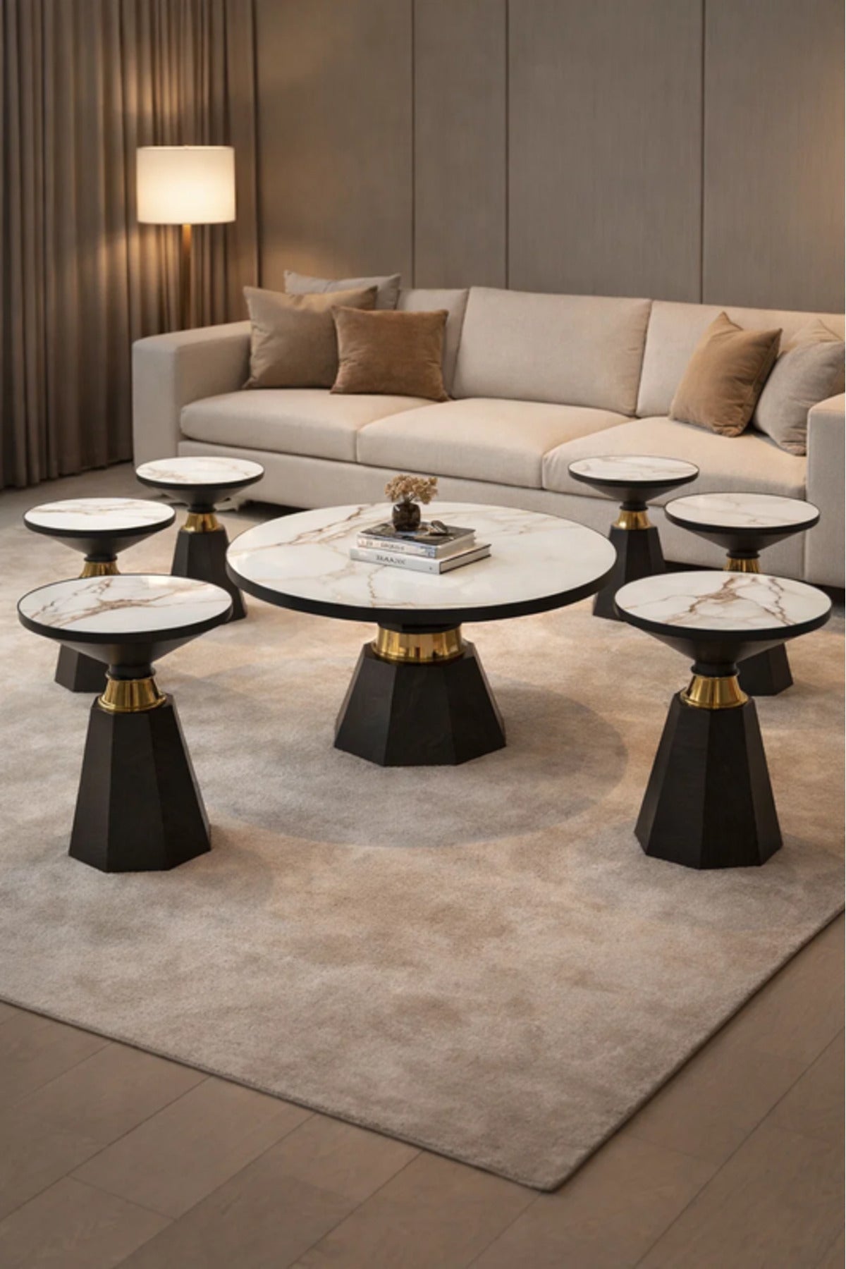 Round Marble Style Coffee Table Set with 6 Side Tables round marble style Center