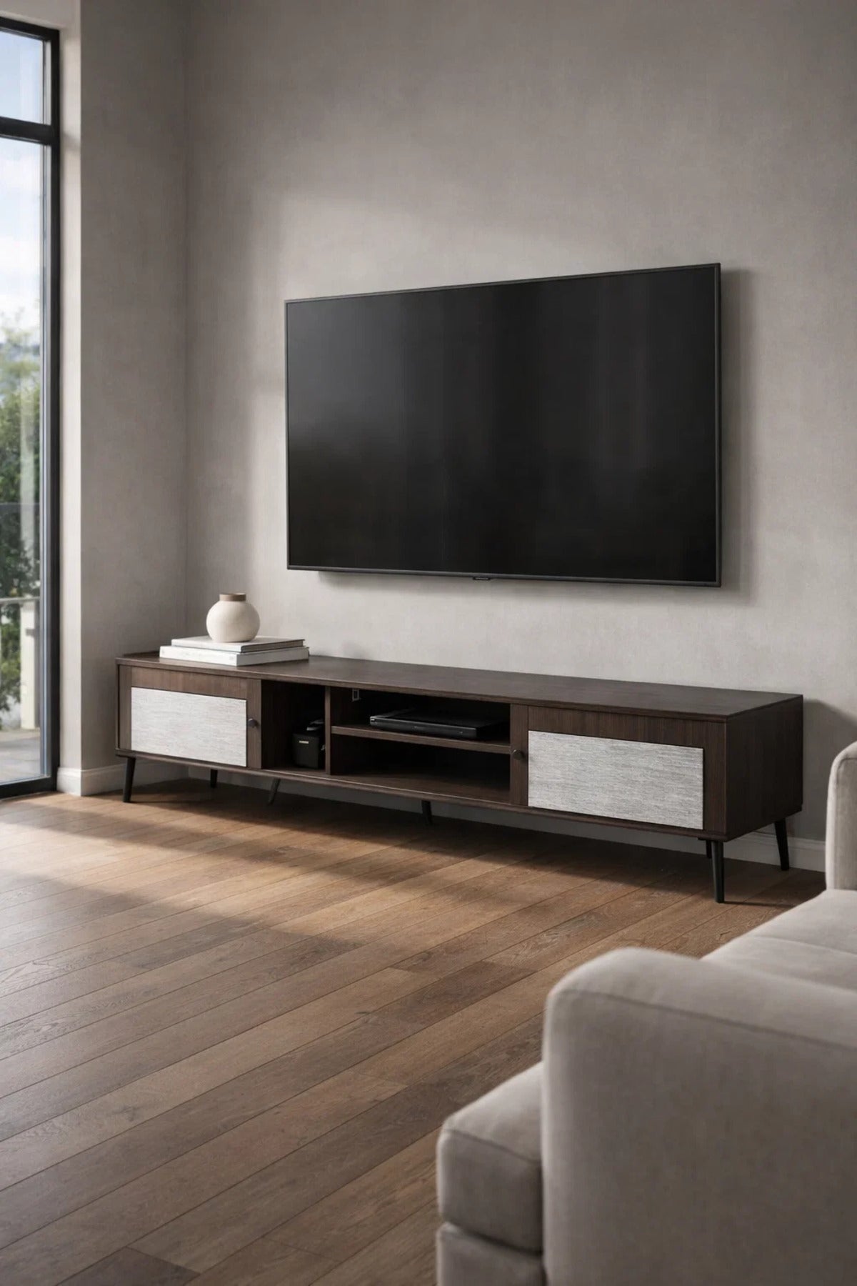 Brown & Grey TV Stand √ê 200x40x45 cm Modern Plasma Table with Cabinets & Shelves