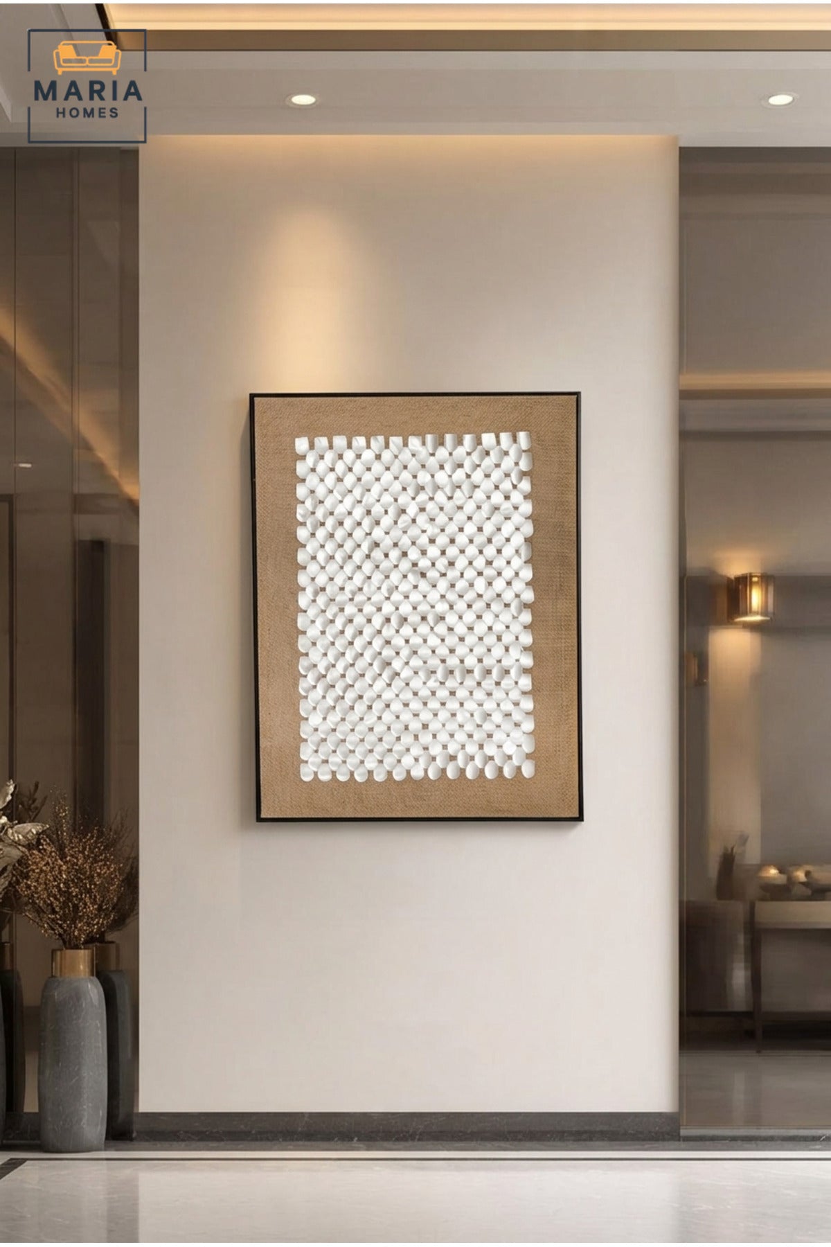 Modern Abstract Textured Wall Art with Slim Black Frame, White Woven Geometric Design on Beige Canvas for Living Room, Bedroom and Office Décor