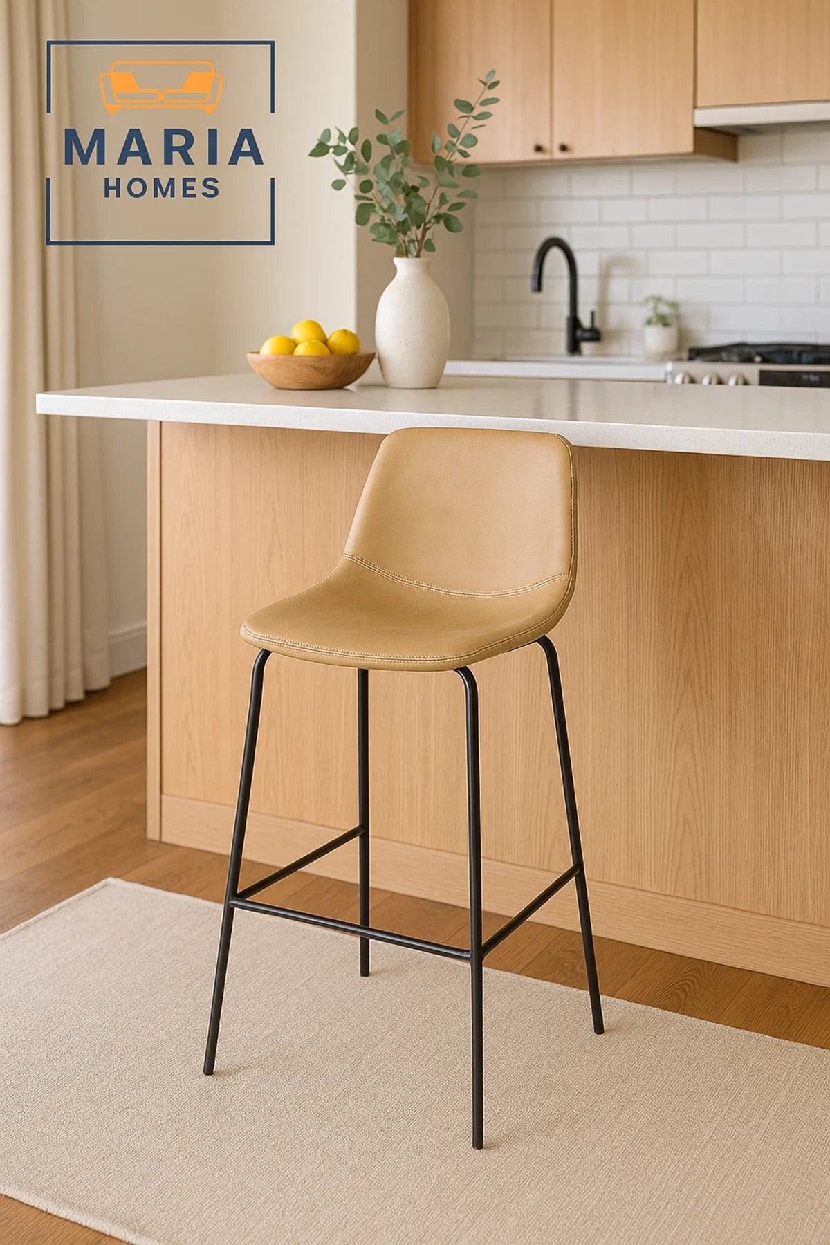 Beige Faux Leather Bar Stool with Black Metal Legs