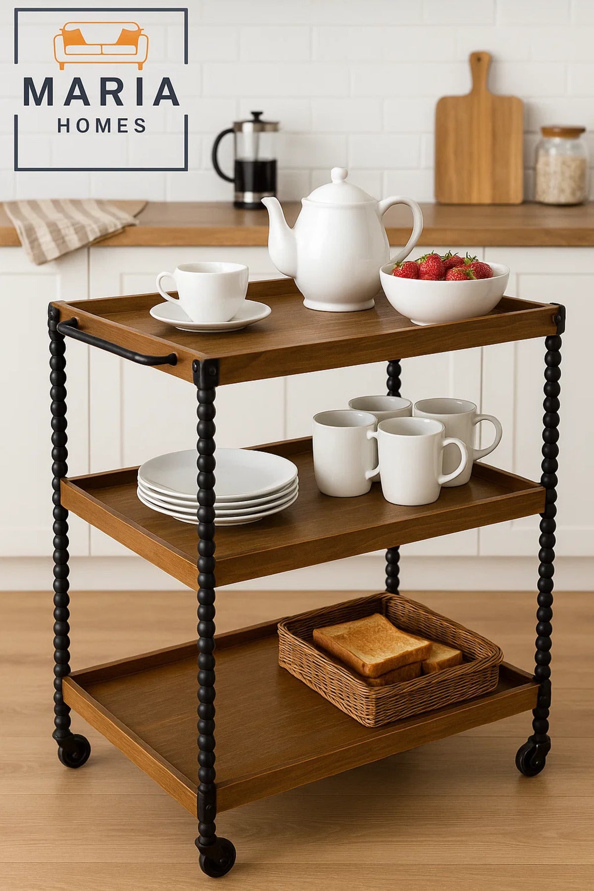 Rustic 3-Tier Wooden Bar Cart Ð Serving Trolley with Black Spindle Legs and Rolling Wheels