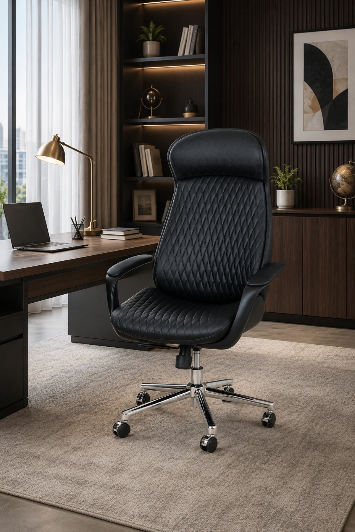 Modern Black Executive Office Chair with Quilted High Back, Padded Headrest, Armrests, Adjustable Height & Rolling Wheels for Home Office Workspace