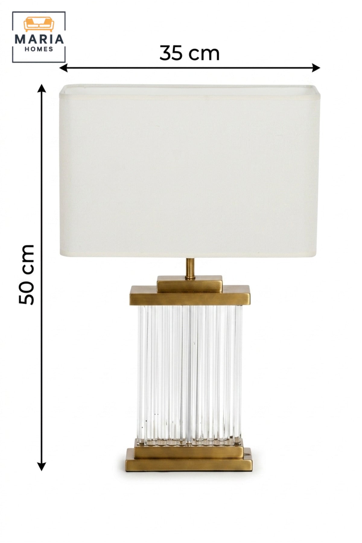 Luxury Rectangular Crystal Table Lamp with White Fabric Shade, Ribbed Clear Base and Antique Gold Tone Frame for Bedroom, Living Room, Office and Hotel