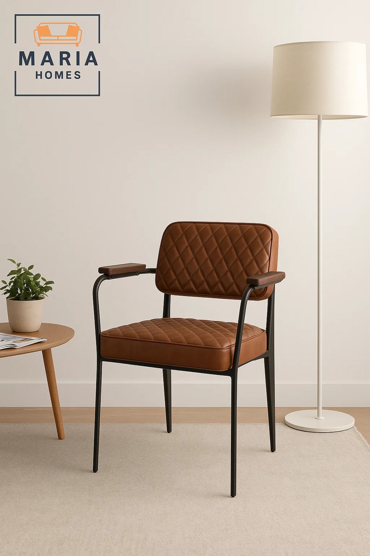 Modern Brown Leather Dining Chair Ð Quilted Accent Chair with Armrests and Black Metal Frame