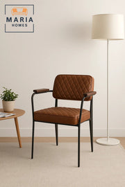 Modern Brown Leather Dining Chair Ð Quilted Accent Chair with Armrests and Black Metal Frame