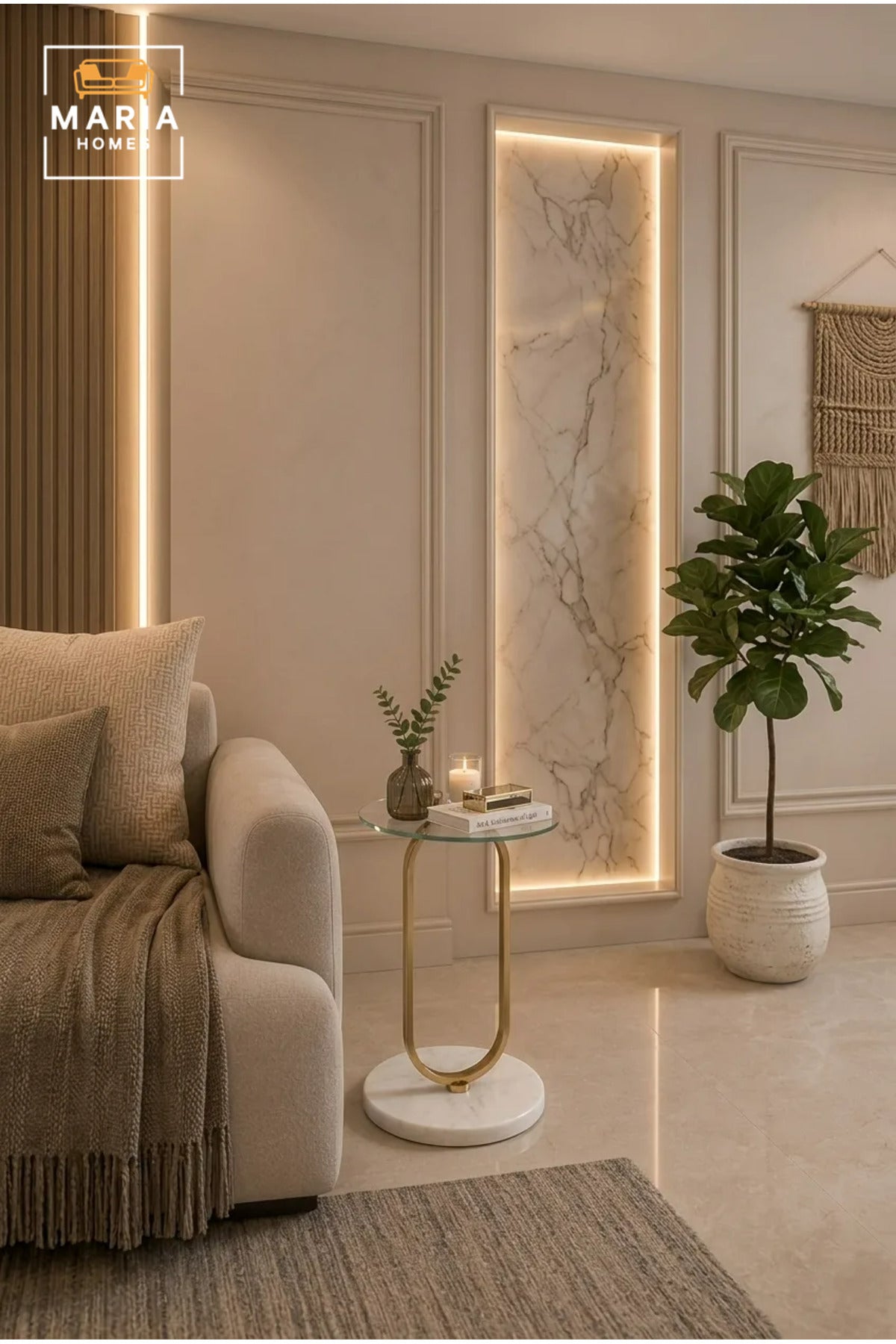 Modern Round Side Table √ê Tempered Glass Top, Gold Oval Metal Frame, Marble Base, 35x58 cm