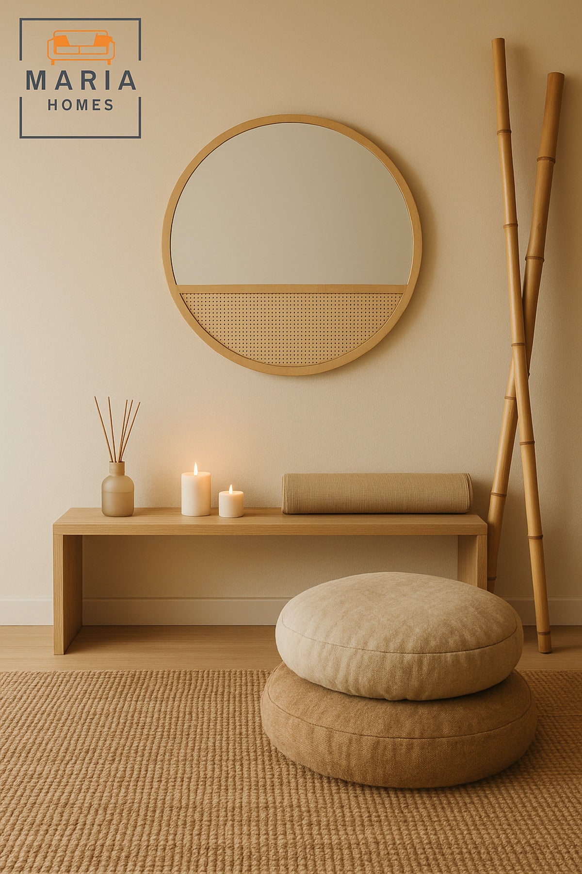 Round Wall Mirror 100 cm Ð Natural Wood Frame with Rattan Design