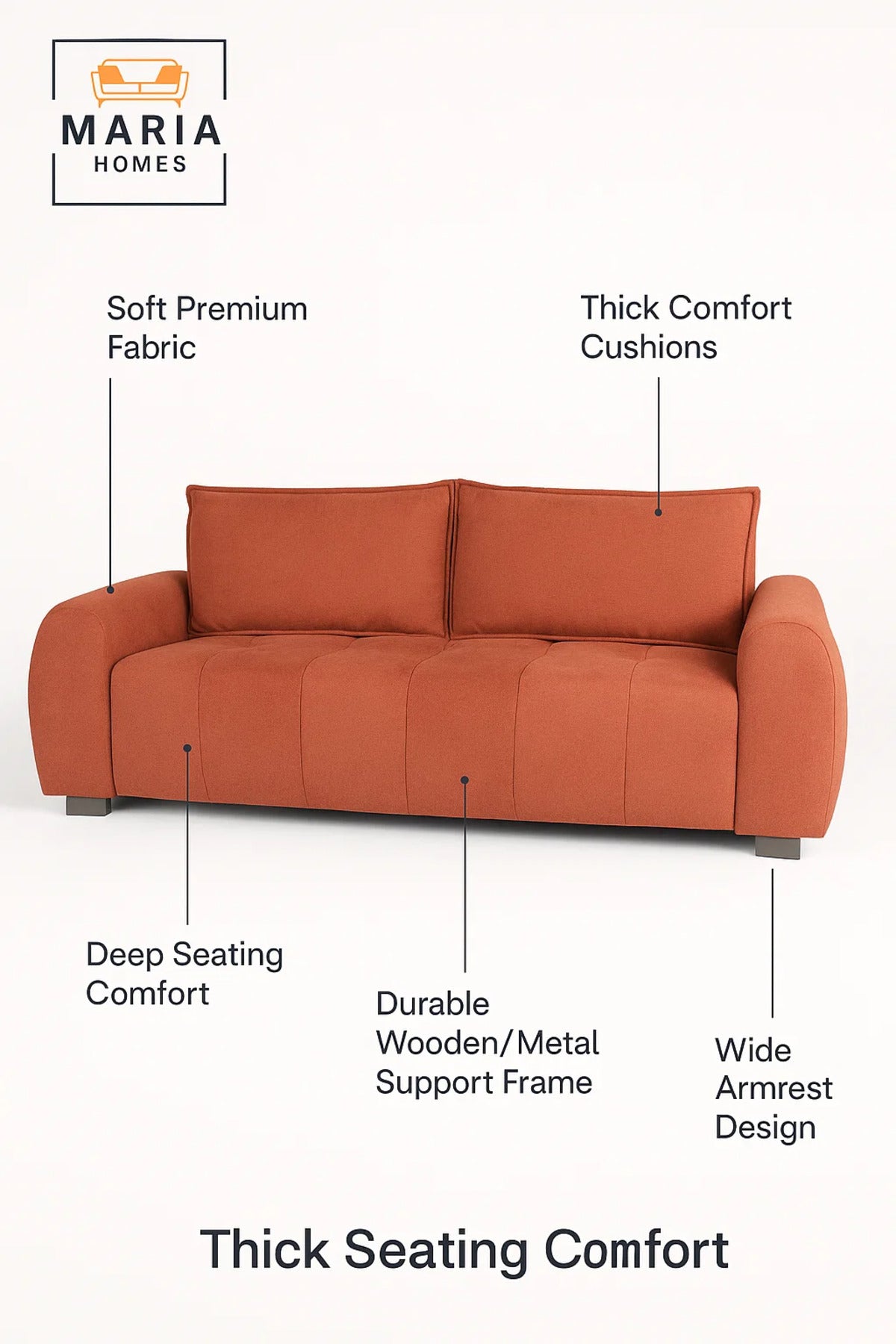 Modern Orange 3 Seater Sofa Ð Comfortable Living Room Couch with Soft Fabric Upholstery