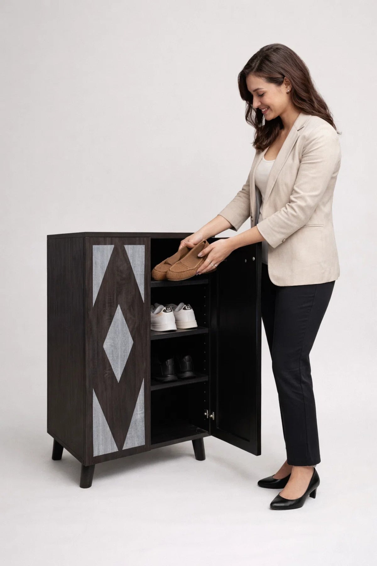 Modern Geometric Pattern Shoe Cabinet Dark Brown Wood Storage Unit for Entryway Home Organizer 91cm