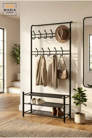 Freestanding Clothes Rack with Multiple Hanging Hooks and Three Storage Shelves, Garment Organiser for Bedroom, Dressing Room, Laundry Room and Boutique