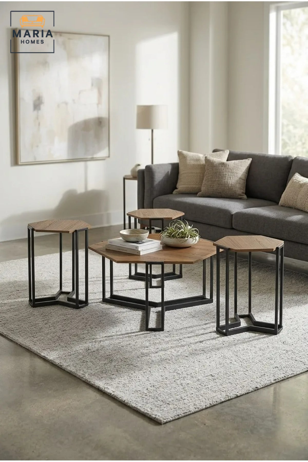 Modern Four-Piece Coffee Table Set with Hexagonal Wooden Tops and Three Nesting Side Tables, Space-Saving Accent Tables for Living Room and Lounge