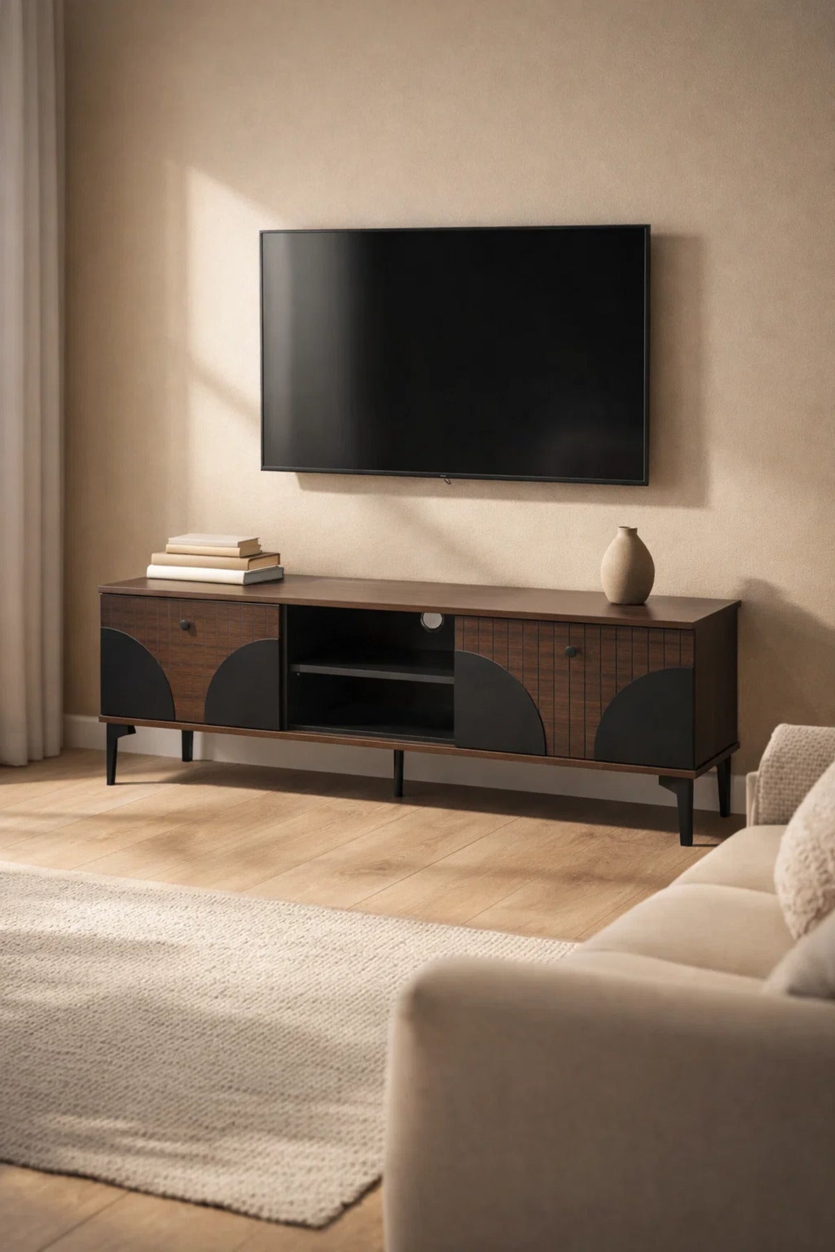 Brown & Black TV Stand √ê 140x40x45 cm Modern Plasma Table with Cabinets & Shelf
