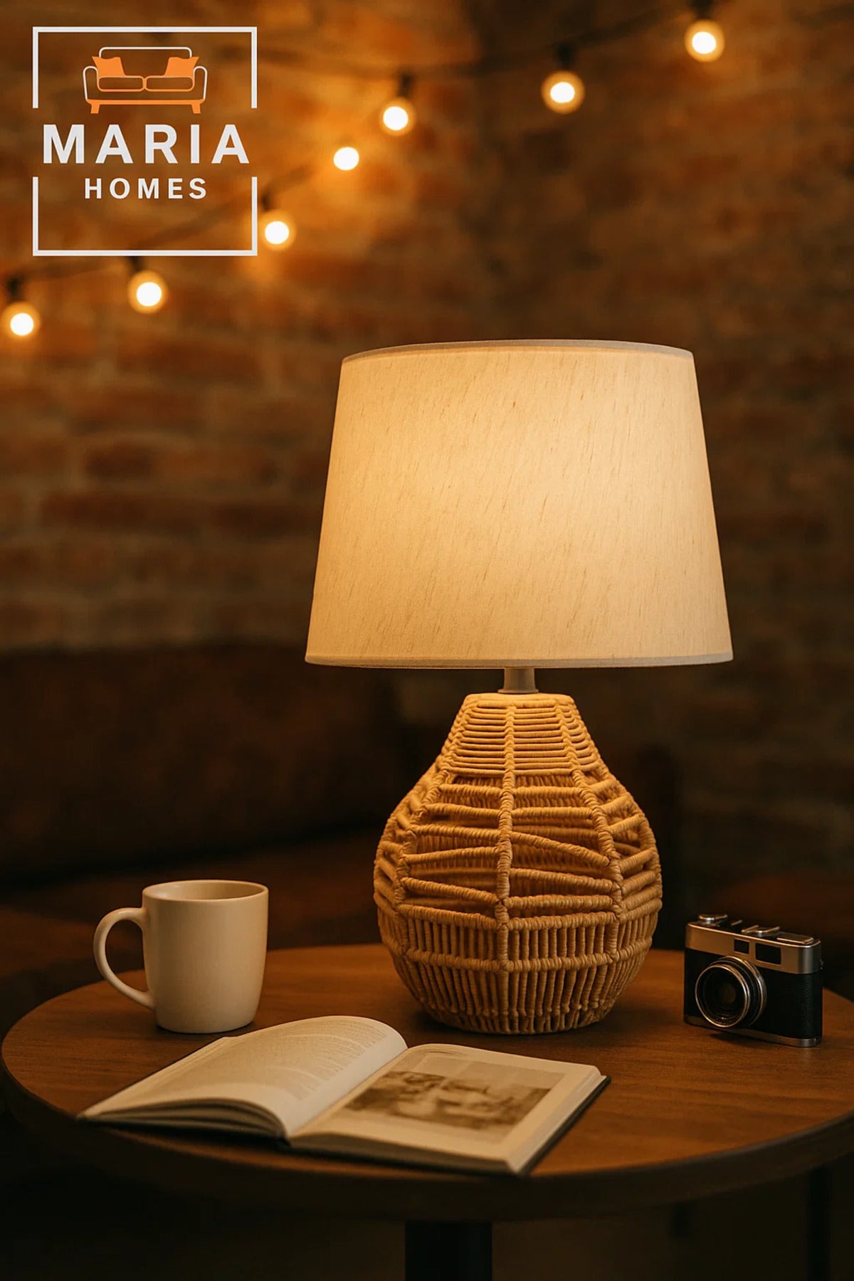 Coastal Style Rattan Table Lamp with Fabric Shade for Bedroom or Beach House Decor