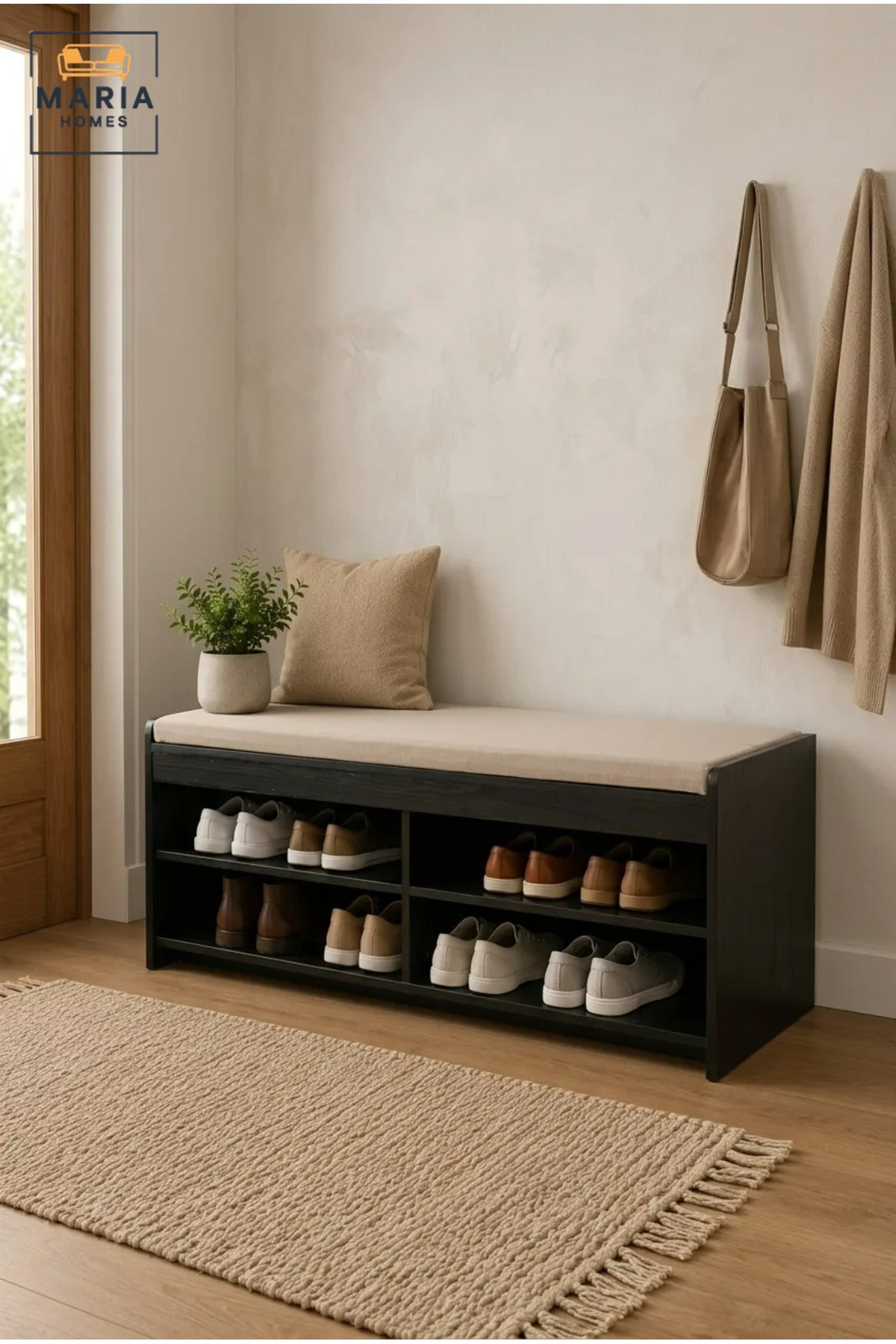 Wooden Shoe Storage Bench with Cushioned Seat and Open Shelves, Entryway Organizer Rack for Hallway, Bedroom, Dressing Room