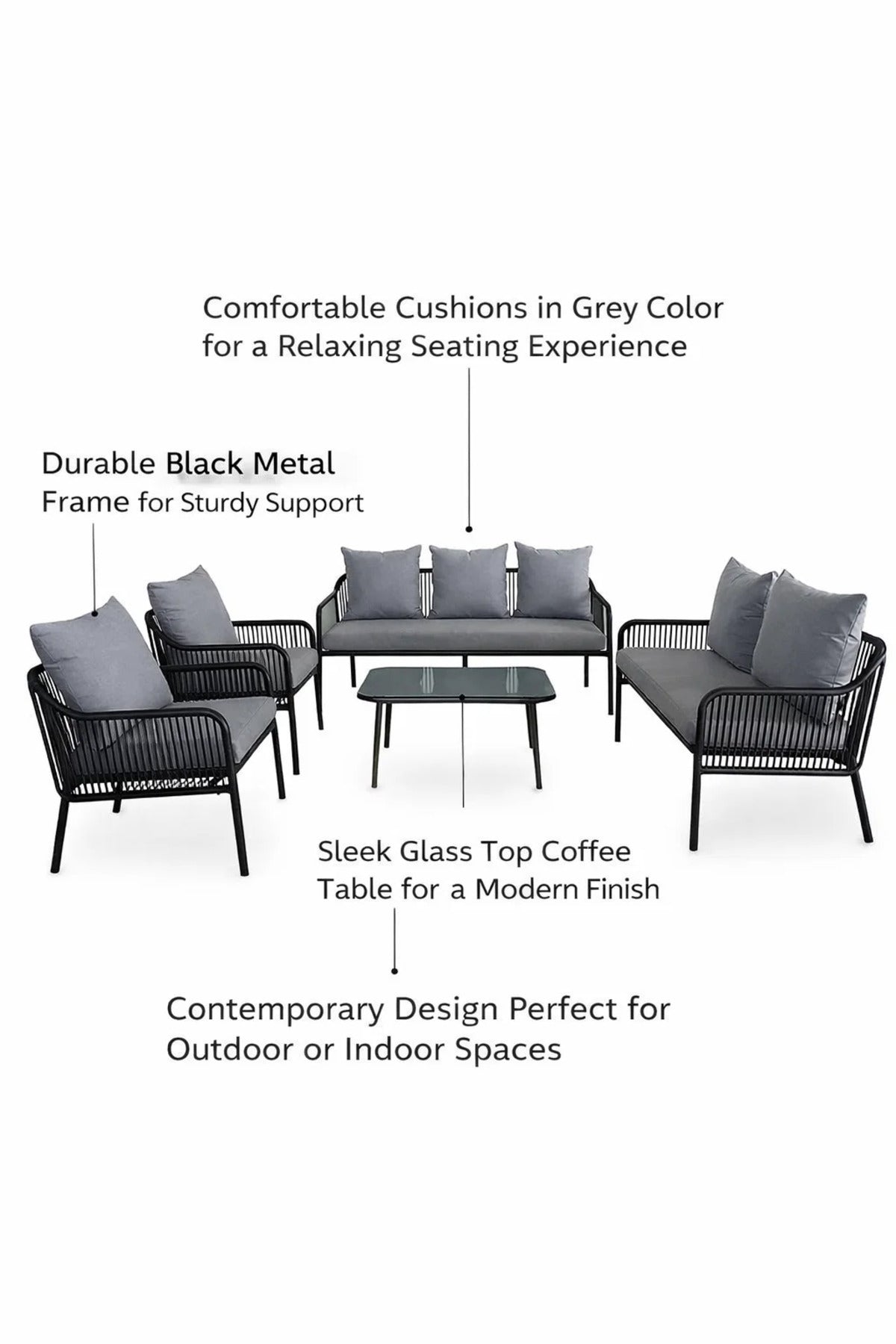 Sleek Black and Grey 7-Piece Outdoor Sofa Set with Glass Coffee Table √ê Stylish Modern Seating
