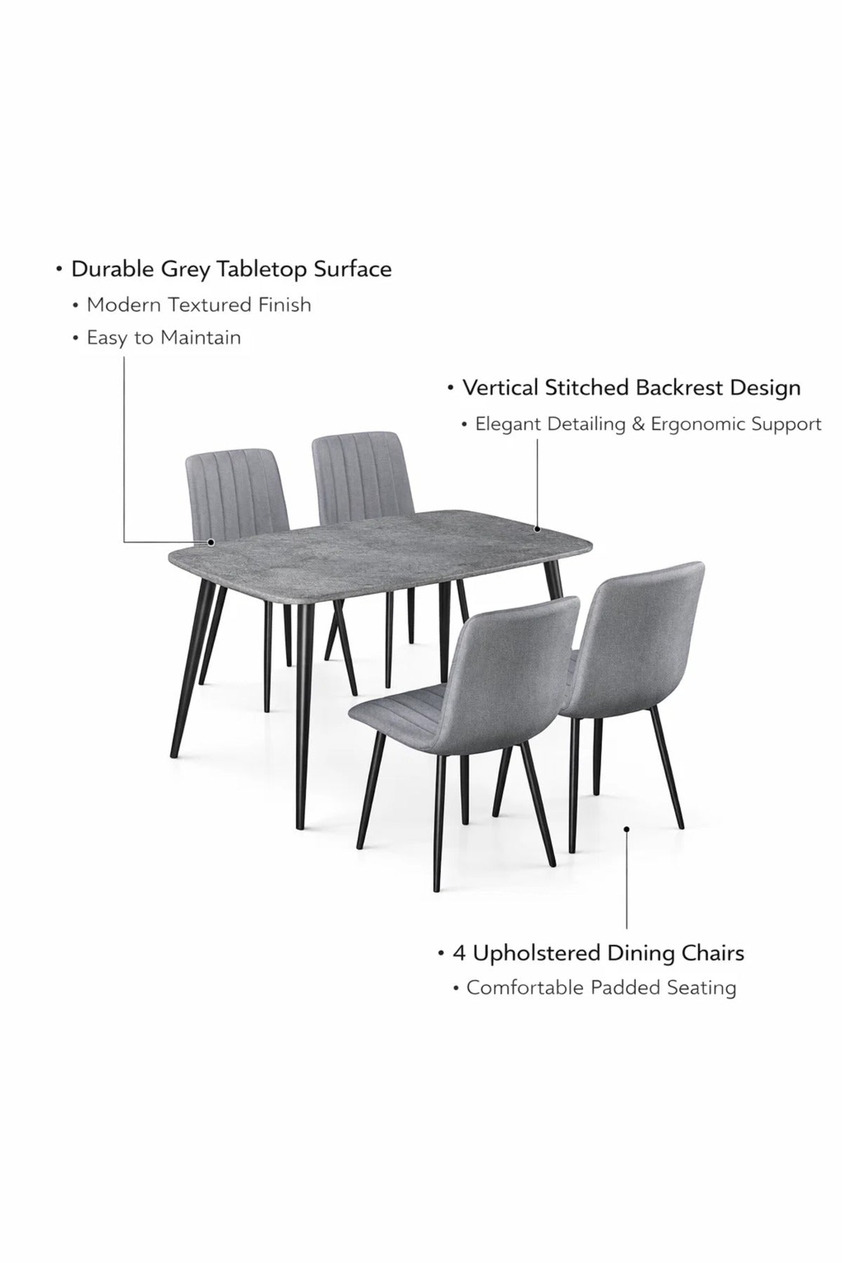Modern Grey Dining Room Set 4 Fabric Chairs Stone Pattern Table Black Metal Legs 130x80cm Kit