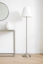 Modern Silver Floor Lamp Ð Fixed Metal Stand with White Fabric Shade for Living Room & Bedroom