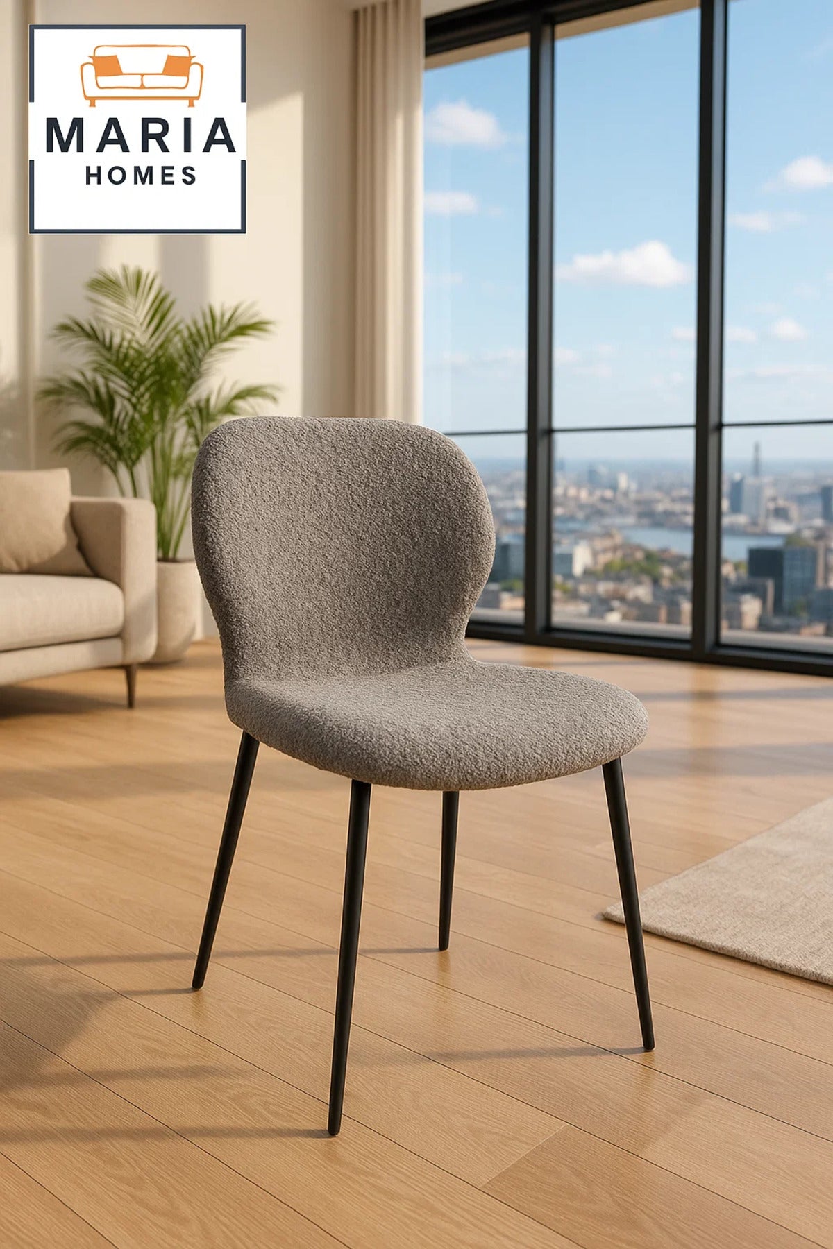 Grey BouclŽ Fabric Dining Chair Ð Cozy Upholstered Seat with Black Metal Legs for Home or Office
