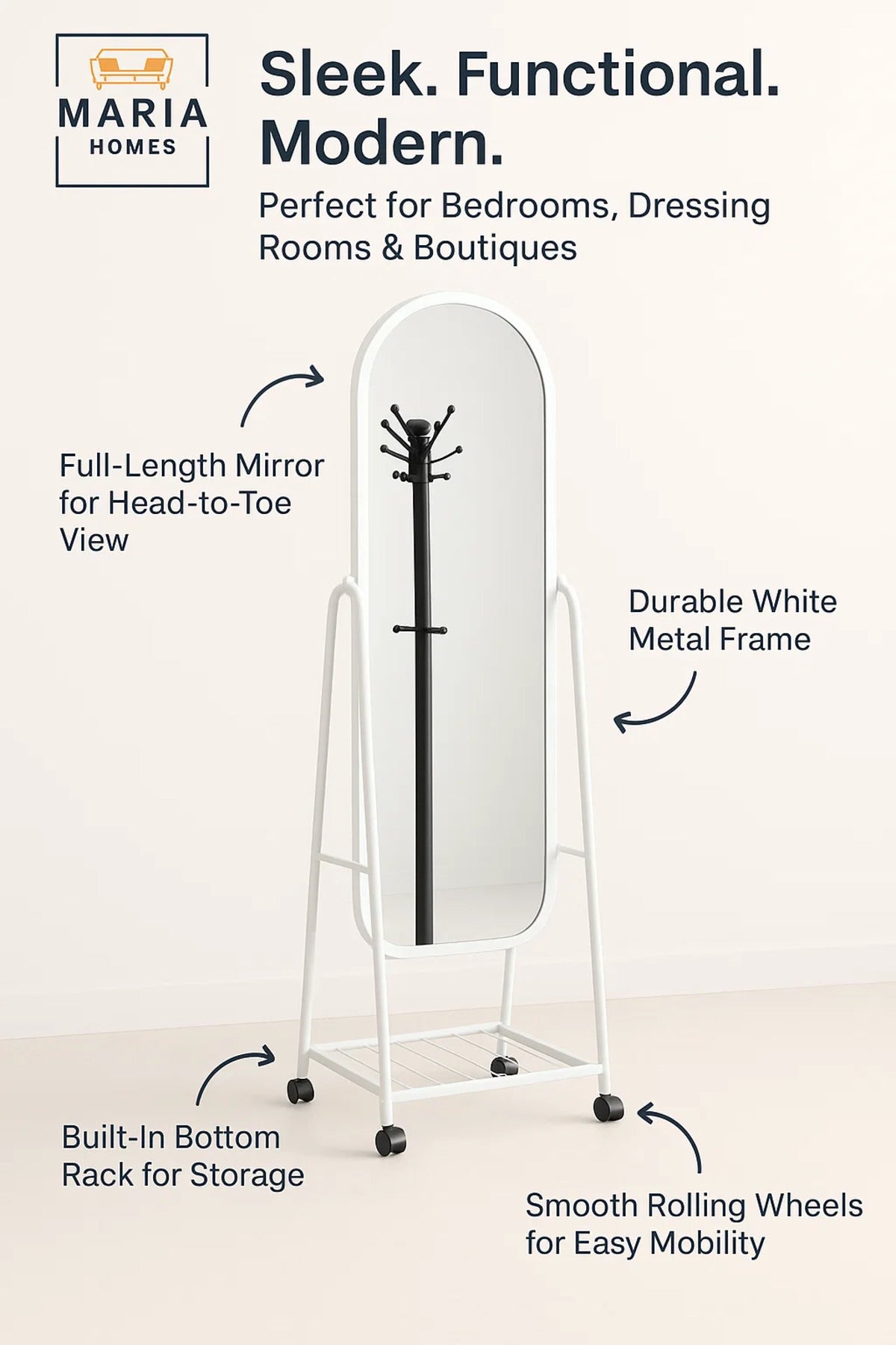 White Full Length Standing Mirror with Metal Frame Floor Dressing Mirror for Bedroom Vanity Decor