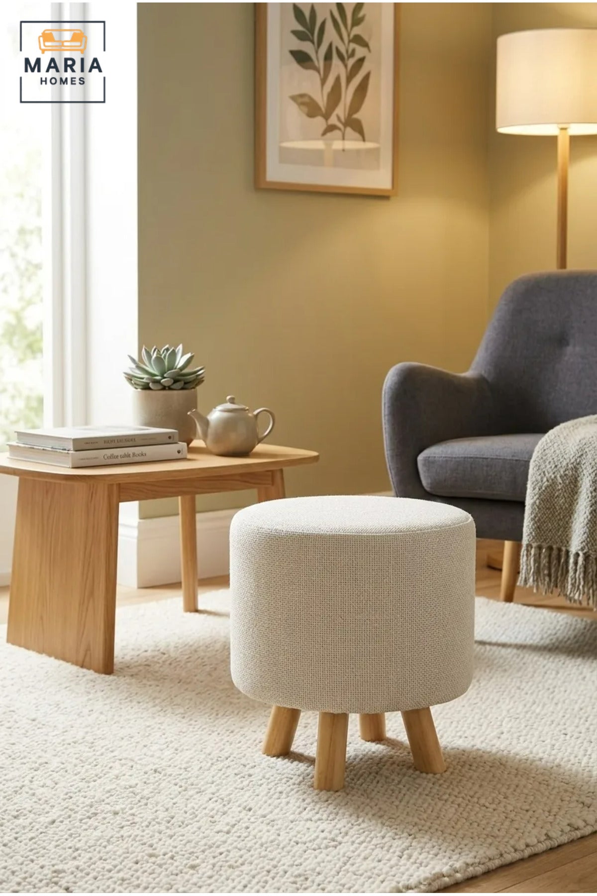 Modern Round Upholstered Ottoman with Wooden Legs, Compact Padded Footstool for Living Room, Bedroom, Dressing Area, Entryway and Reading Corner