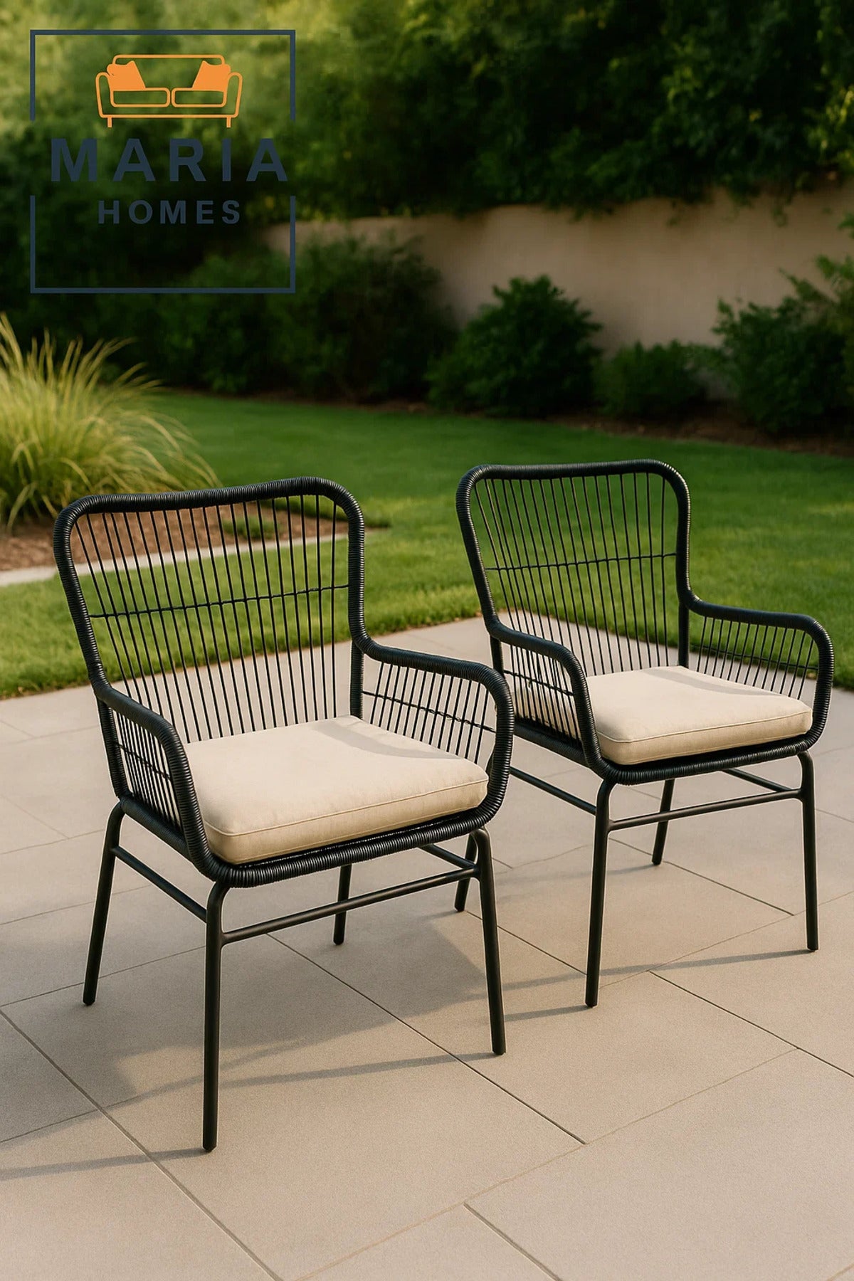 Black Rattan Lounge Chair with Soft Beige Cushion Ð Indoor Outdoor Seating with Metal Frame Design