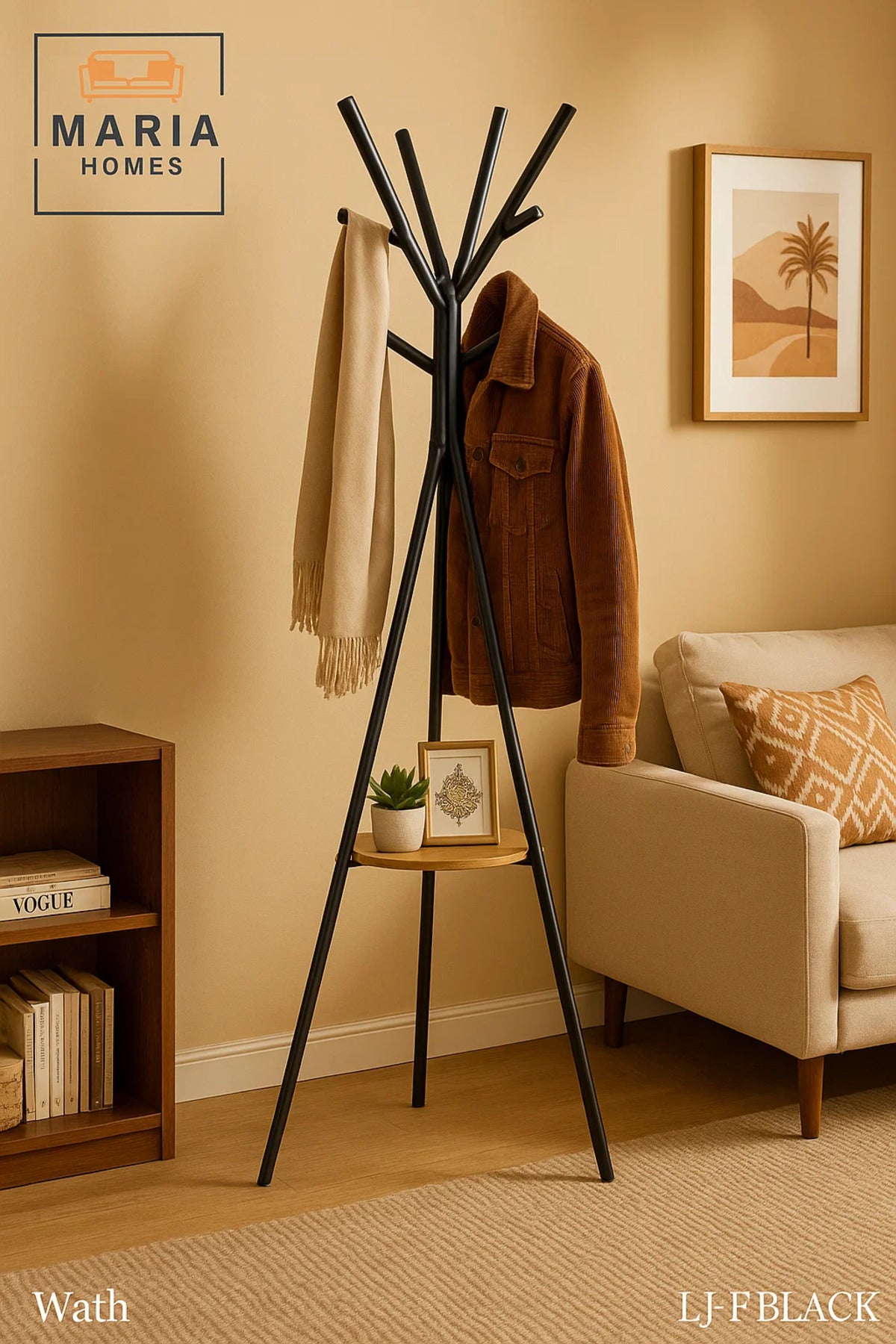Black Tripod Coat Rack with Wooden Shelf
