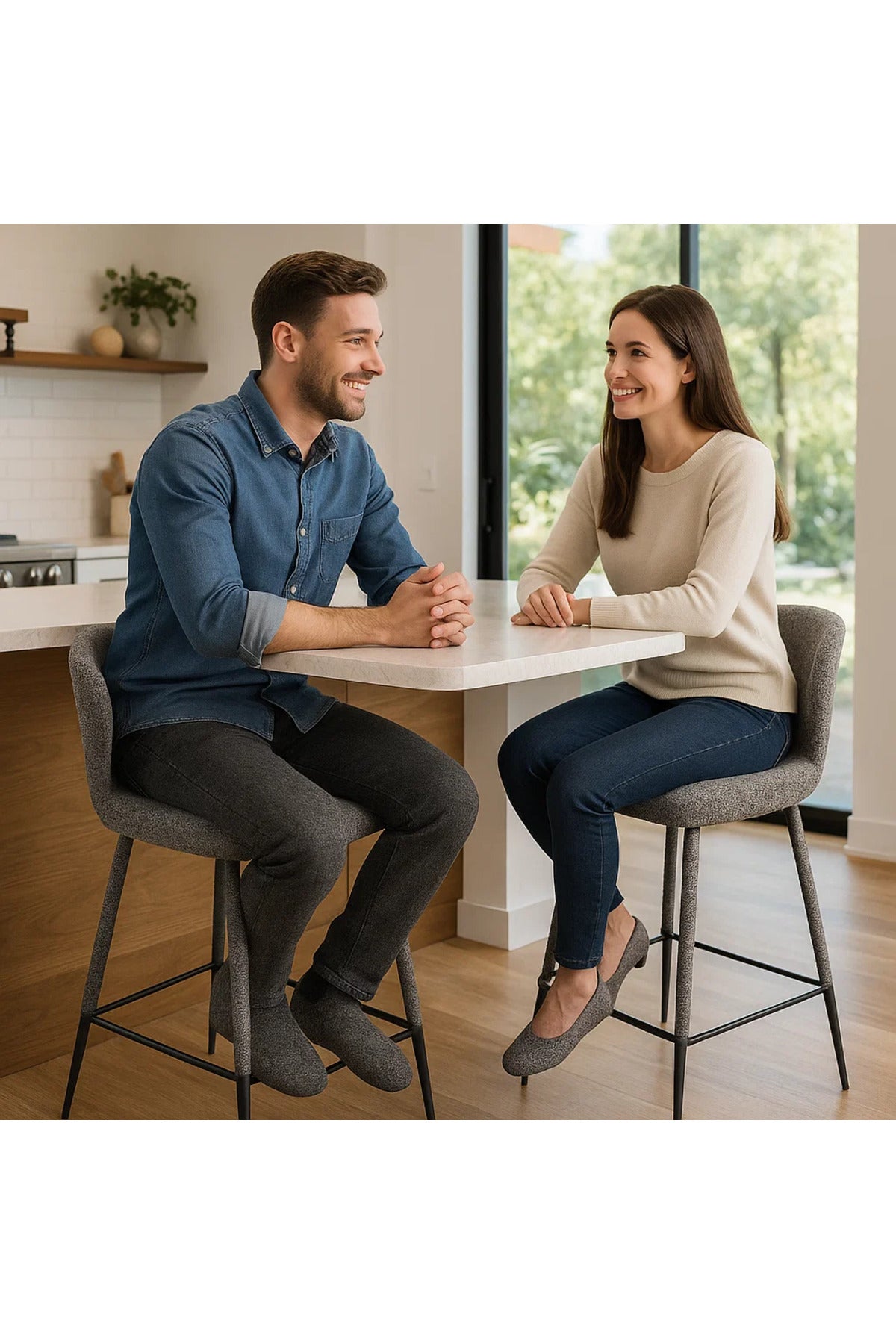 Modern Upholstered Bar Stool with Backrest and Black Metal Legs Ð Grey Fabric Finish