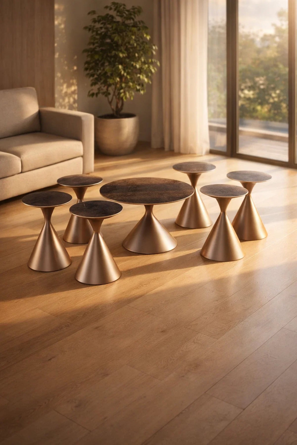 Modern 7-Piece Center Table Set Ceramic Top 1 Large Coffee Table and 6 Side Tables for Living Room