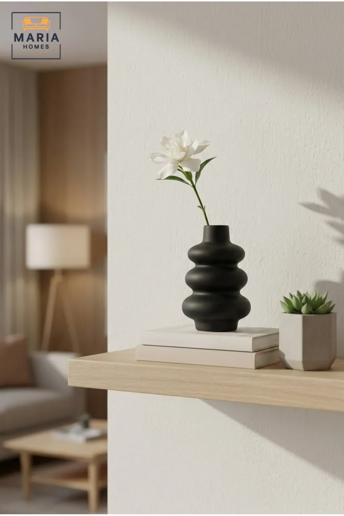 Black Sculptural Decorative Vase, Modern Stacked Ring Flower Holder for Dried Flowers, Living Room, Bedroom, Office, Shelf and Table Décor