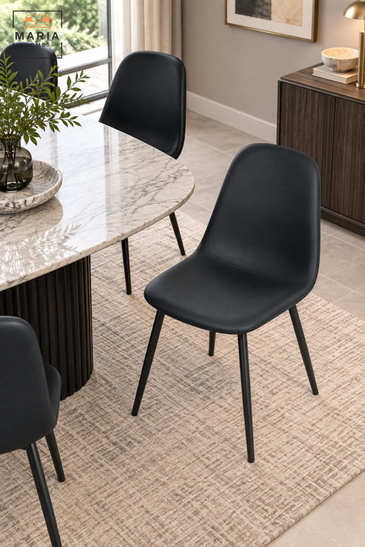 Modern Black Dining Chair with Padded Upholstered Seat, Curved High Backrest and Slim Black Legs for Dining Room, Kitchen, Café & Restaurant