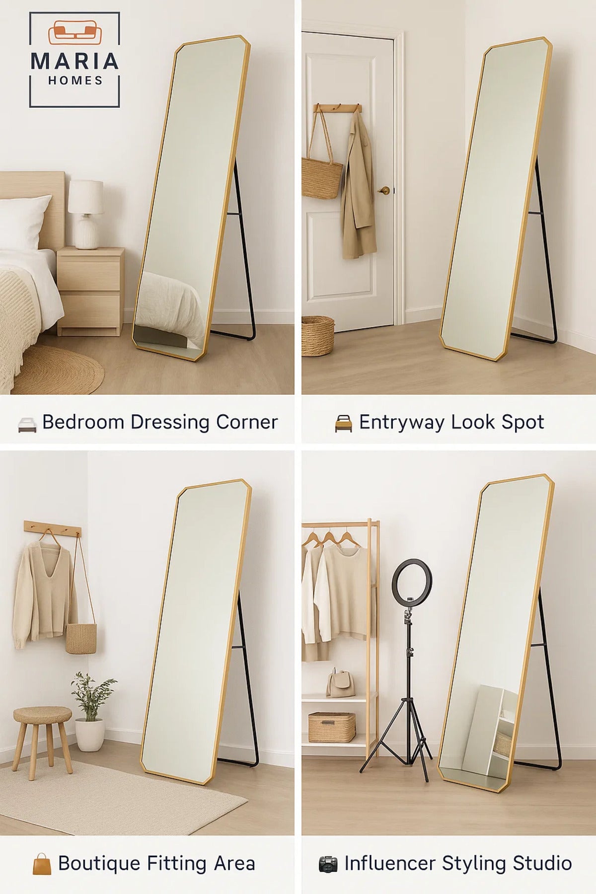 Gold Full-Length Standing Mirror with Angled Corners Ð 160x40cm Elegant Bedroom Dressing Mirror