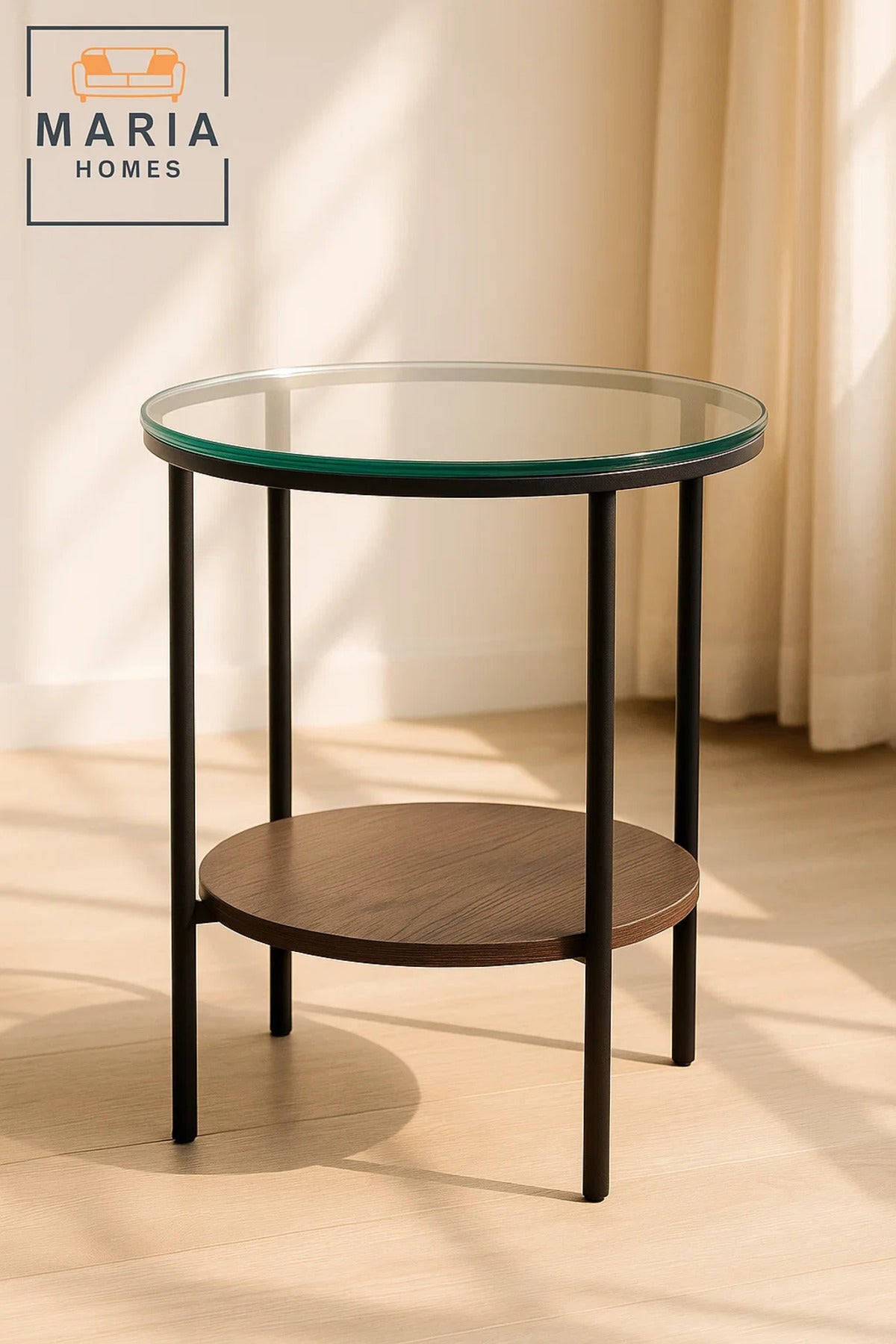 Round Glass Top Side Table with Dark Wood Shelf and Black Metal Frame