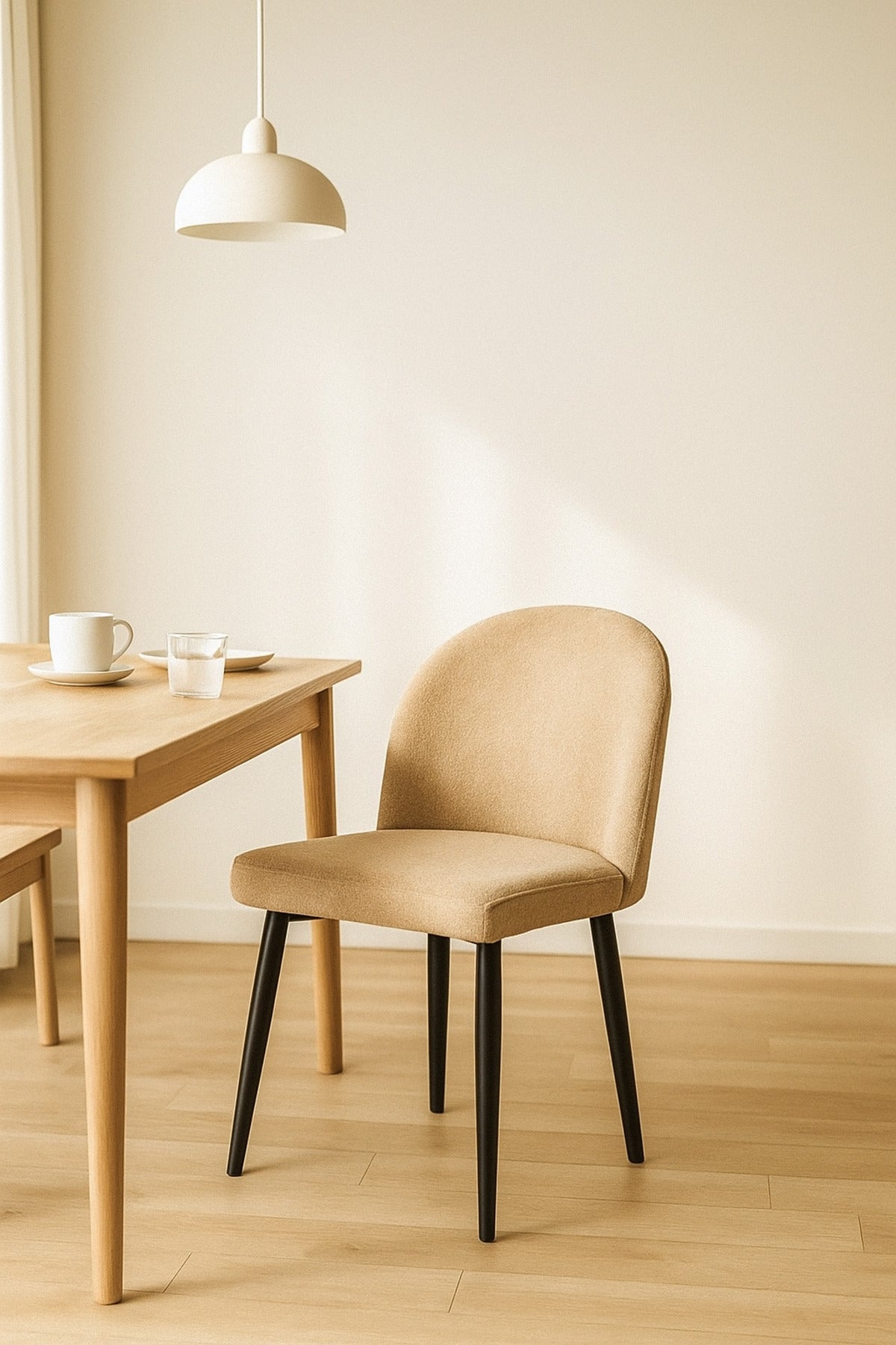 Beige Fabric Dining Chair Modern Upholstered Curved Back Chair with Black Metal Legs for Dining Room