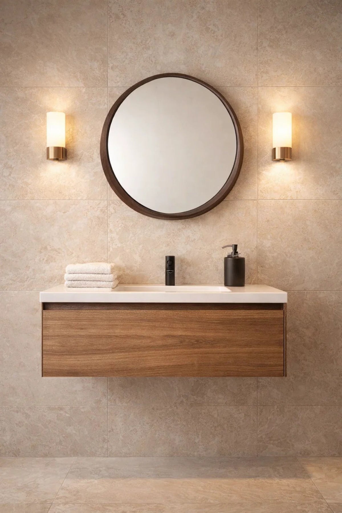 Modern Round Mirror Brown Wood Frame Wall Mounted M50 Decor 70x70cm Living