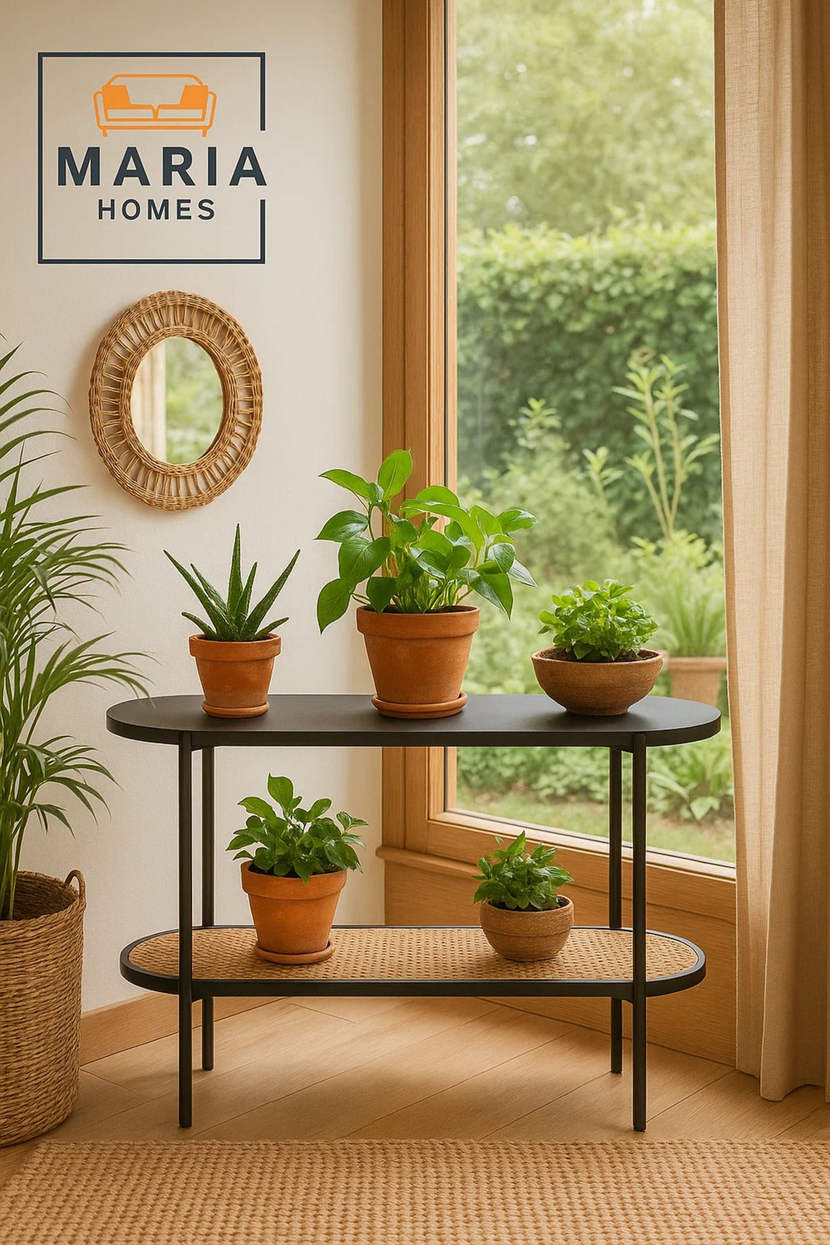 Oval Black Console Table with Rattan Shelf and Metal Frame