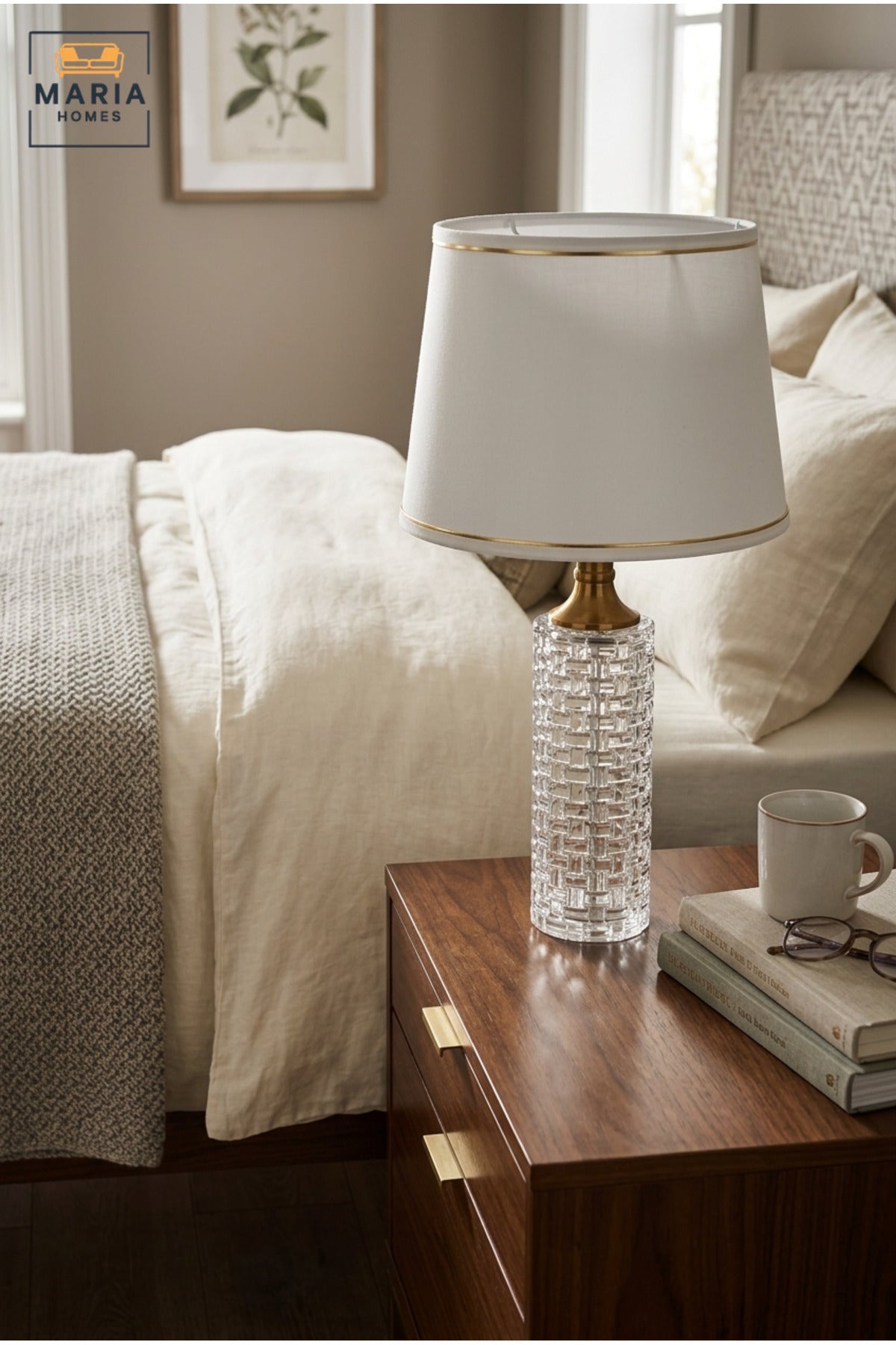 Luxury Crystal Table Lamp with White Fabric Shade, Gold Tone Details and Textured Clear Base for Bedroom, Living Room, Office, Hotel and Bedside Décor
