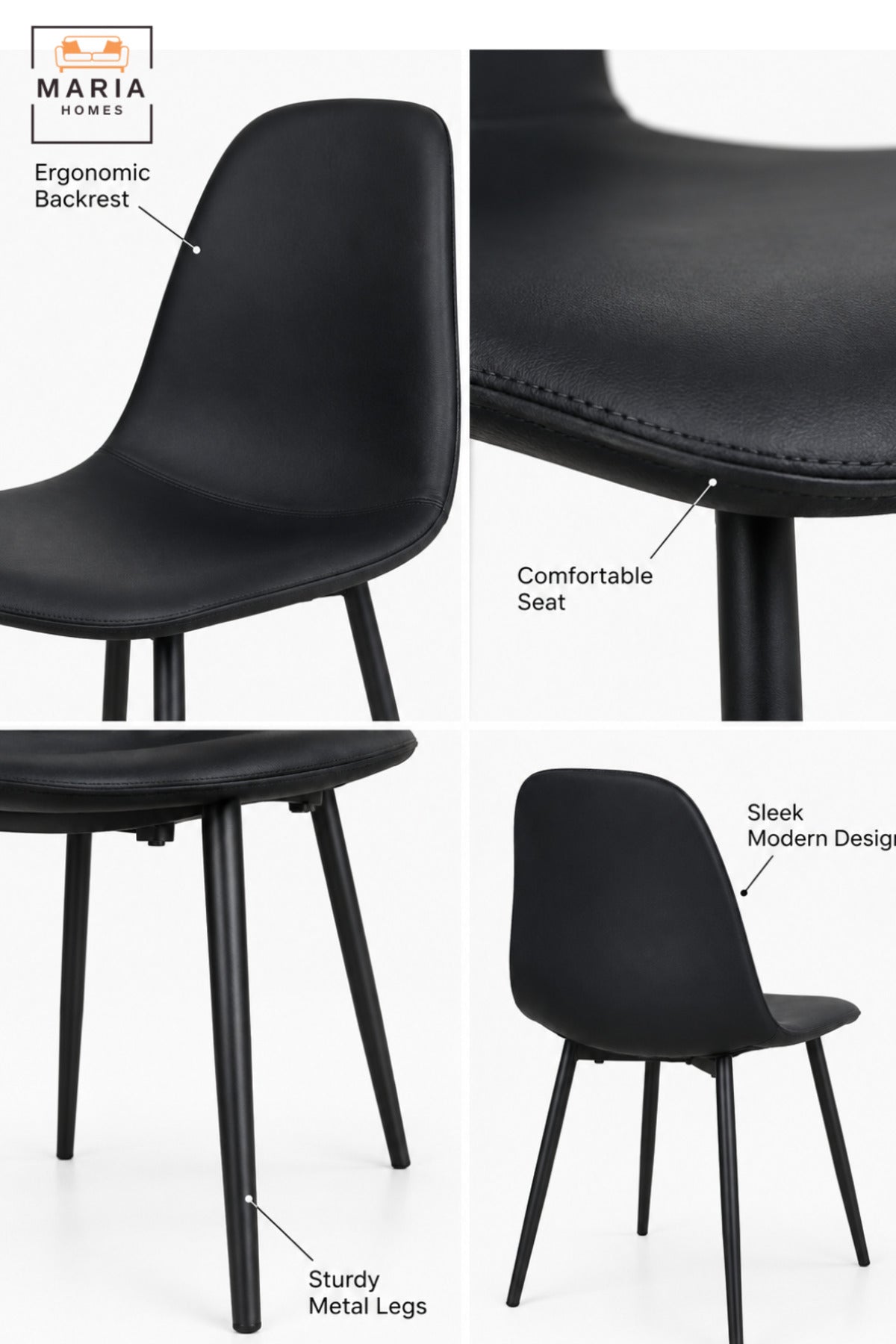 Modern Black Dining Chair with Padded Upholstered Seat, Curved High Backrest and Slim Black Legs for Dining Room, Kitchen, Café & Restaurant