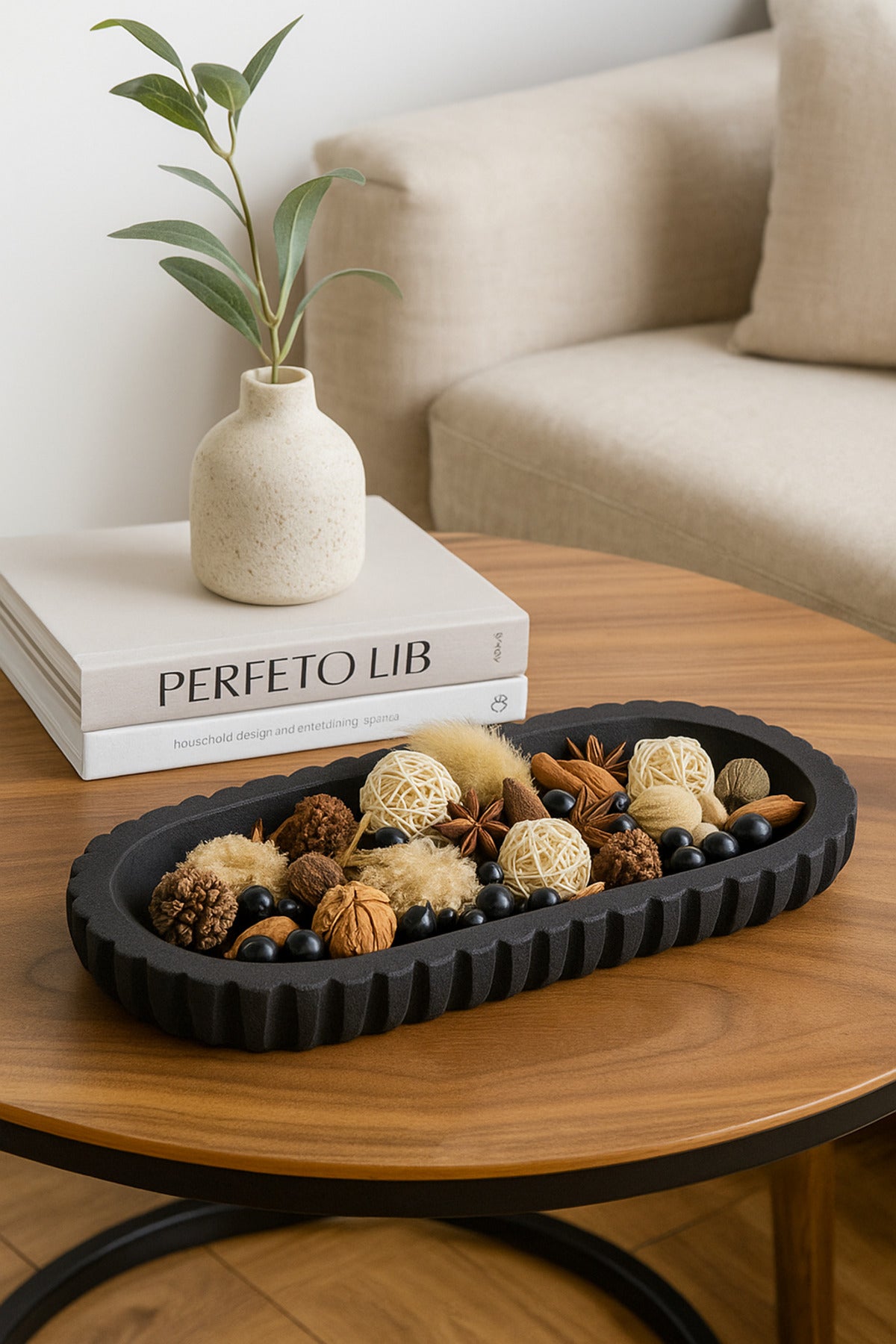 Black Wooden Ribbed Decorative Tray Ð Modern Long Table Centerpiece