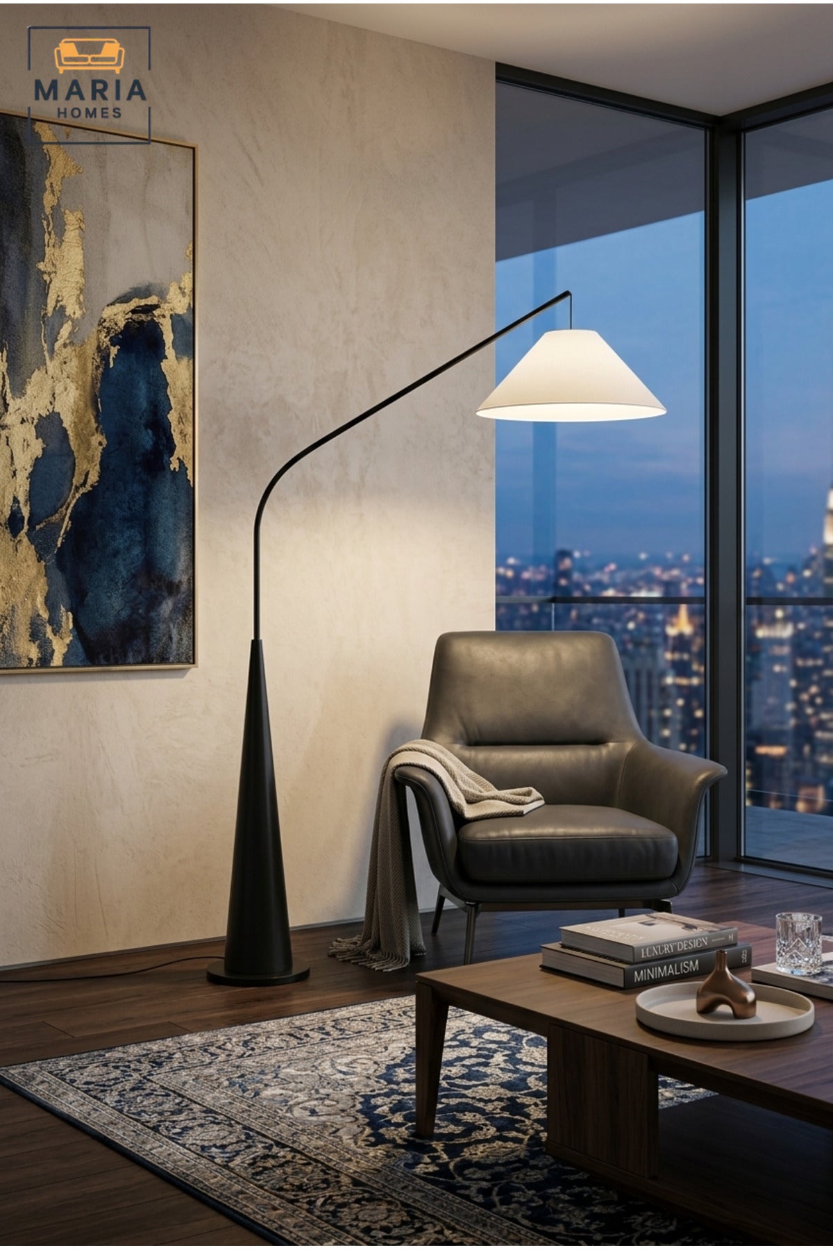 Modern Arc Floor Lamp with Long Curved Arm, Conical Base and Wide Fabric Shade Overhanging Standing Light for Living Room Bedroom and Reading Corner